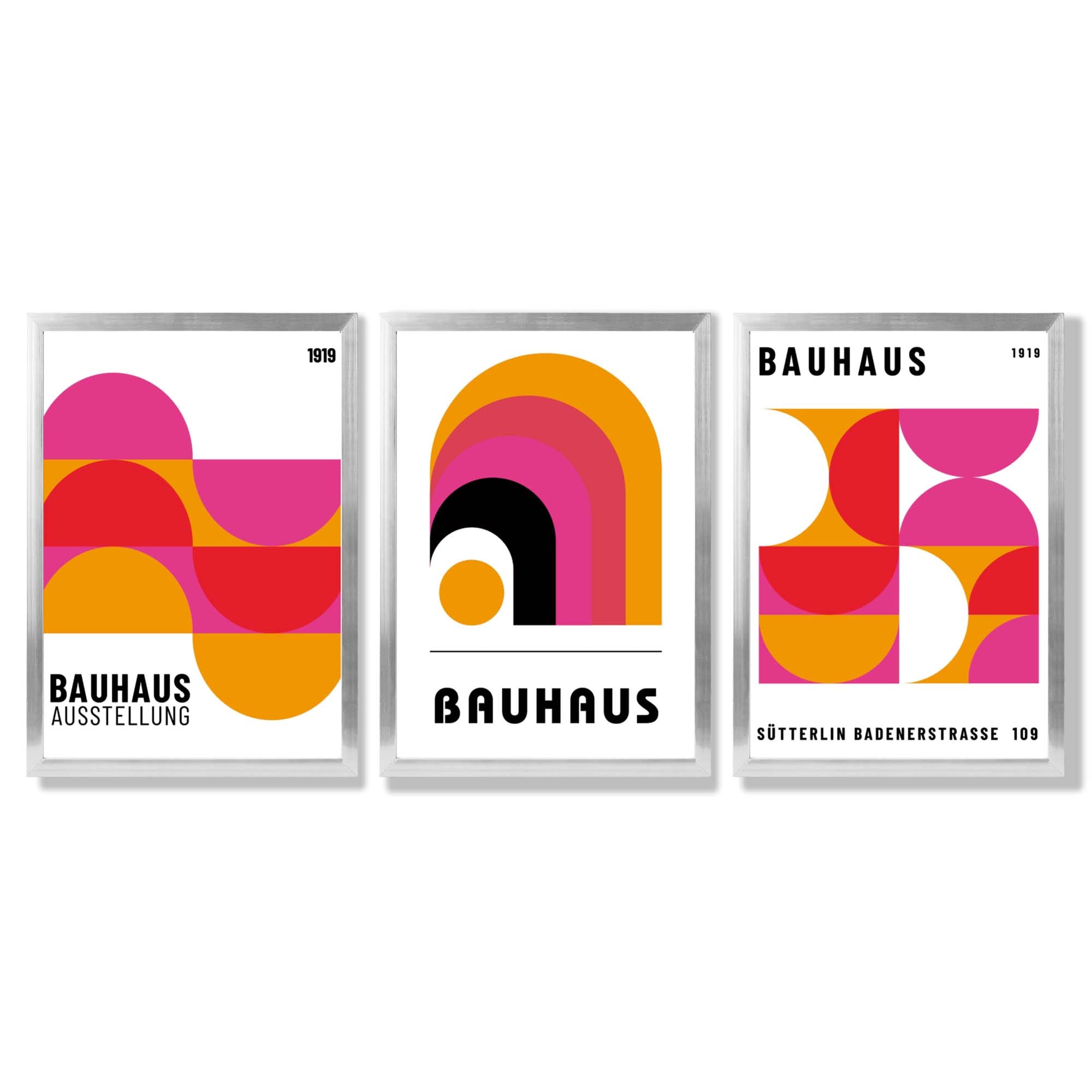 Bauhaus Modern Pink and Yellow Set of 3 Framed Art Prints with Silver Wood Frames