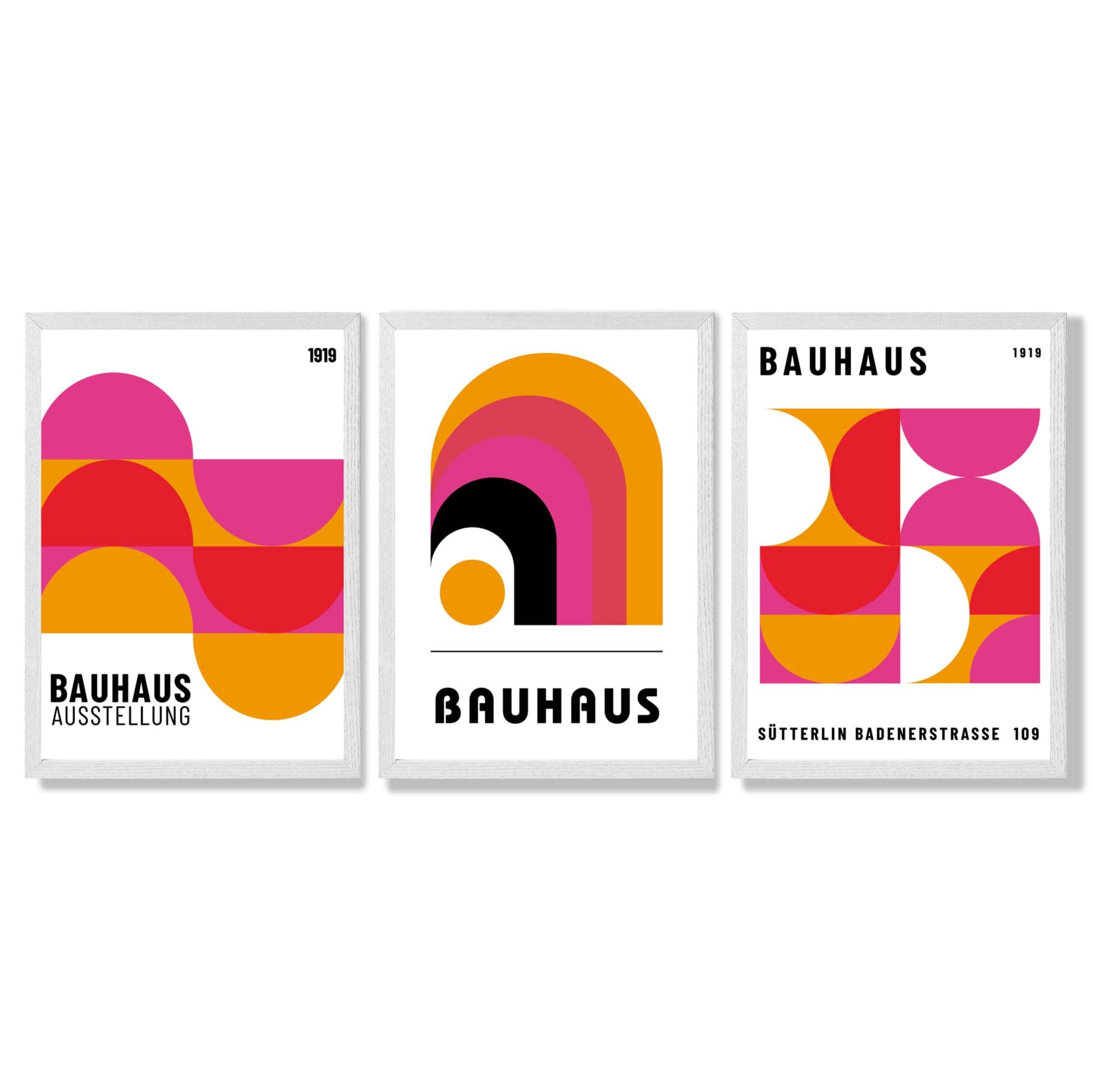 Bauhaus Modern Pink and Yellow Set of 3 Framed Art Prints with White Wooden Frames