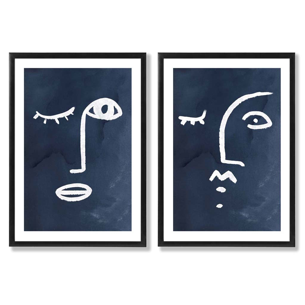 Picasso Faces Sketch Navy Blue Set of 2 Art Prints with Black Frame