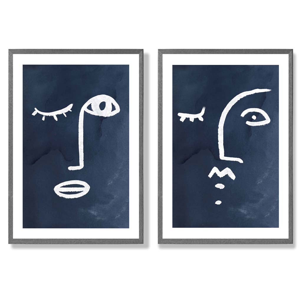 Picasso Faces Sketch Navy Blue Set of 2 Art Prints with Dark Grey Frame