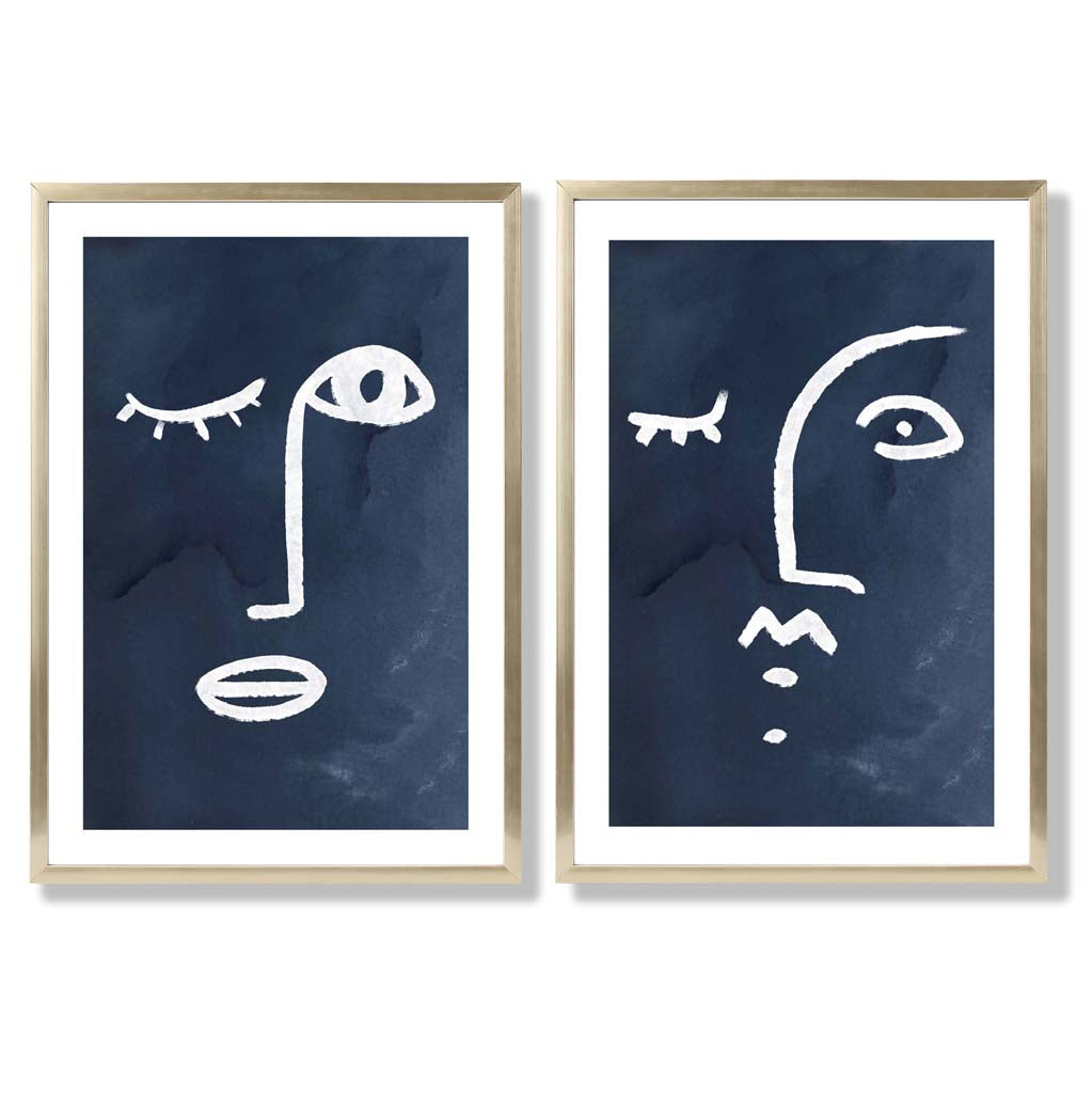 Picasso Faces Sketch Navy Blue Set of 2 Art Prints with Gold Frame