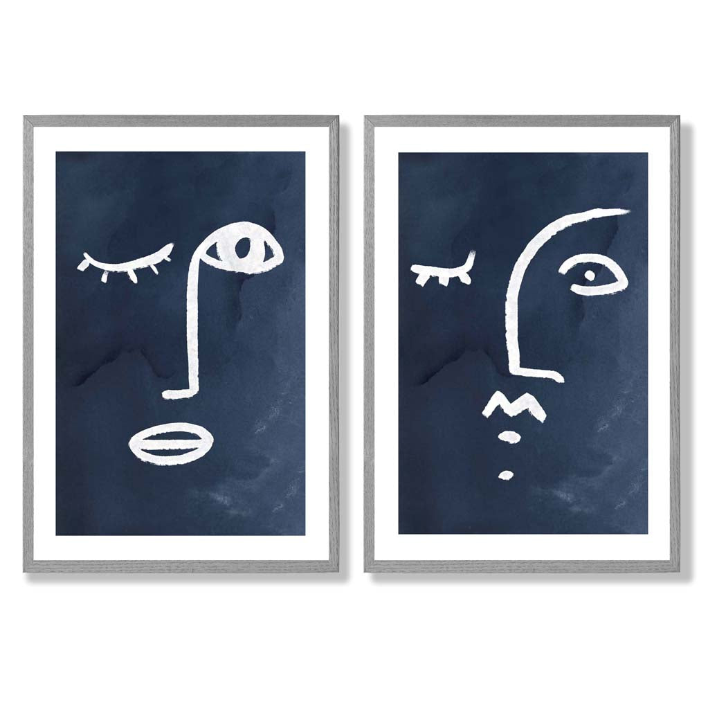 Picasso Faces Sketch Navy Blue Set of 2 Art Prints with Light Grey Frame