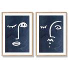 Picasso Faces Sketch Navy Blue Set of 2 Art Prints with Oak Frame