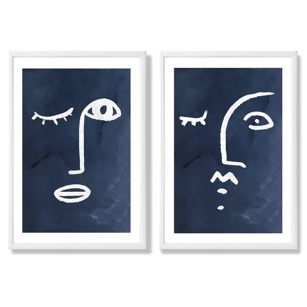 Picasso Faces Sketch Navy Blue Set of 2 Art Prints with White Frame