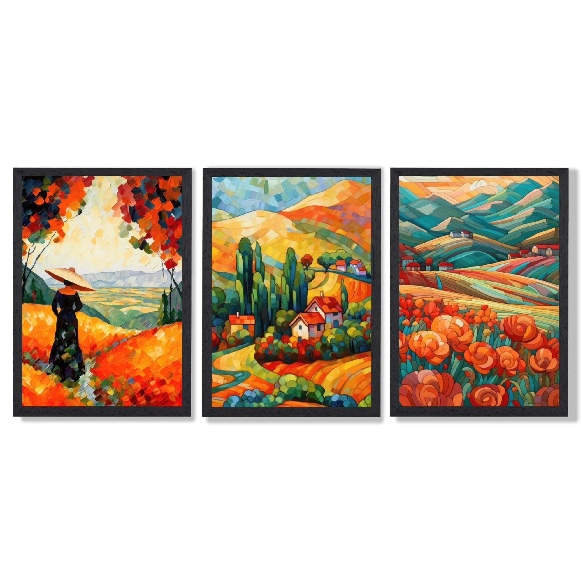 Colourful Landscapes in Mosaic Style Framed Art Prints with Black Wooden Frames