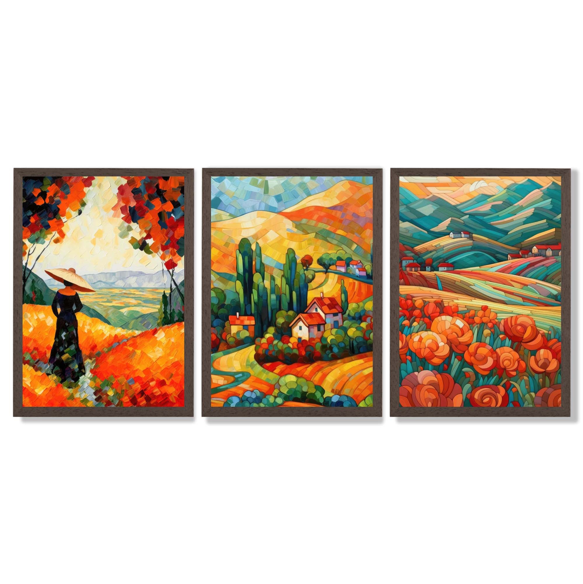 Colourful Landscapes in Mosaic Style Framed Art Prints with Dark Wood Frames