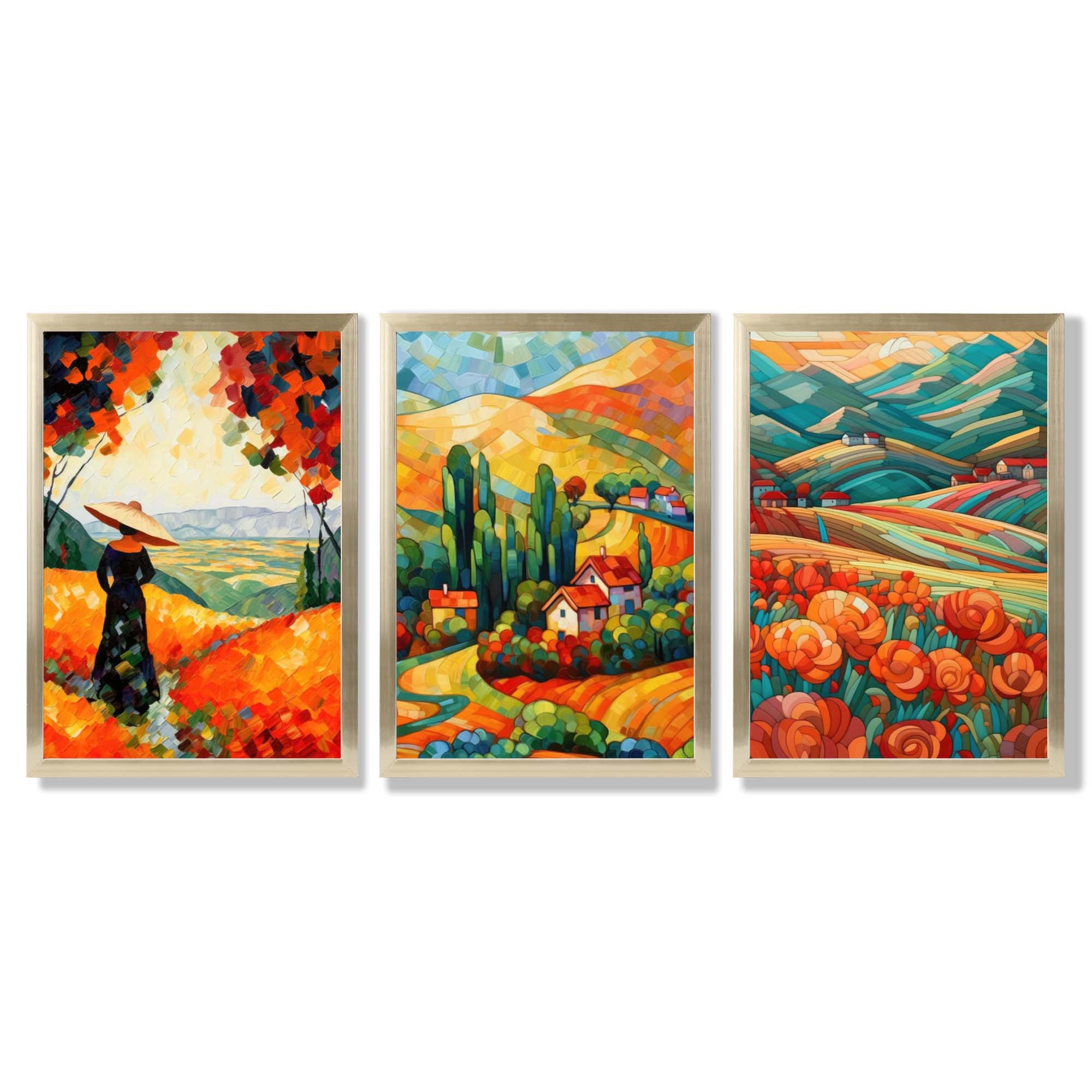 Colourful Landscapes in Mosaic Style Framed Art Prints with Gold Wood Frames