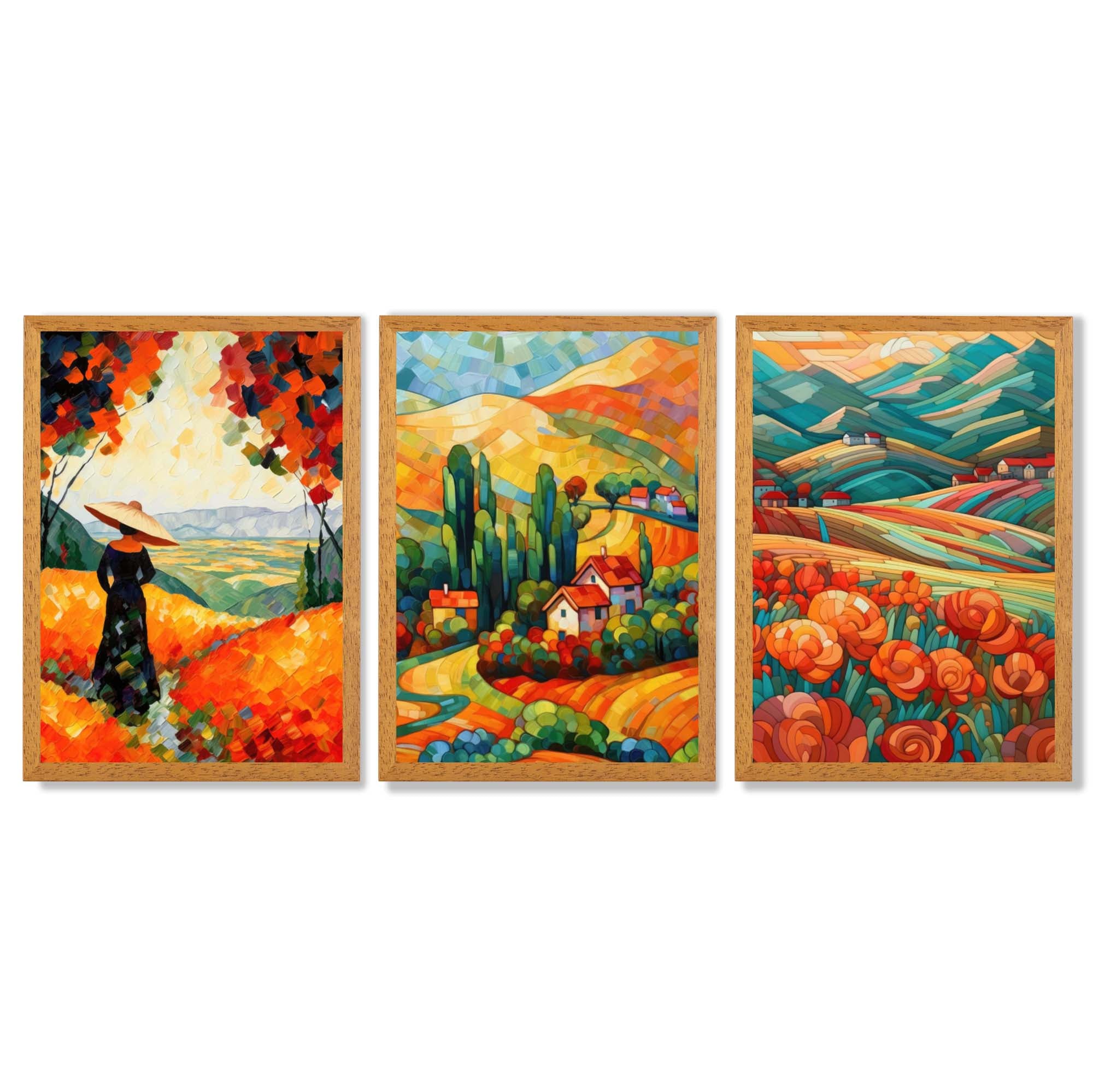 Colourful Landscapes in Mosaic Style Framed Art Prints with Oak Wooden Frames