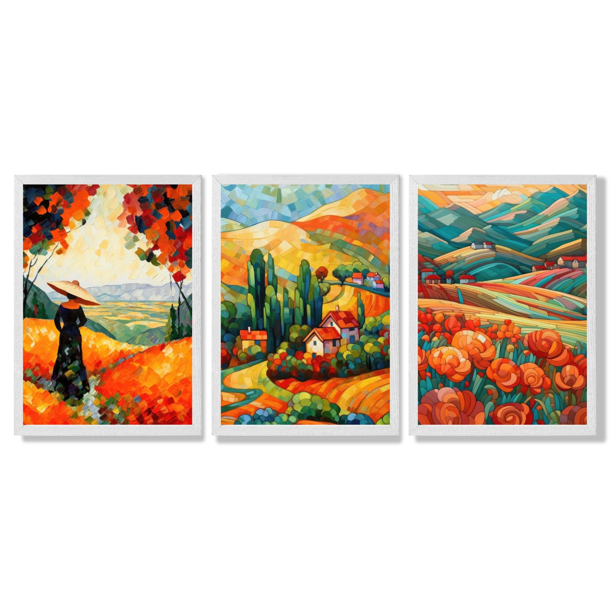 Colourful Landscapes in Mosaic Style Framed Art Prints with White Wooden Frames