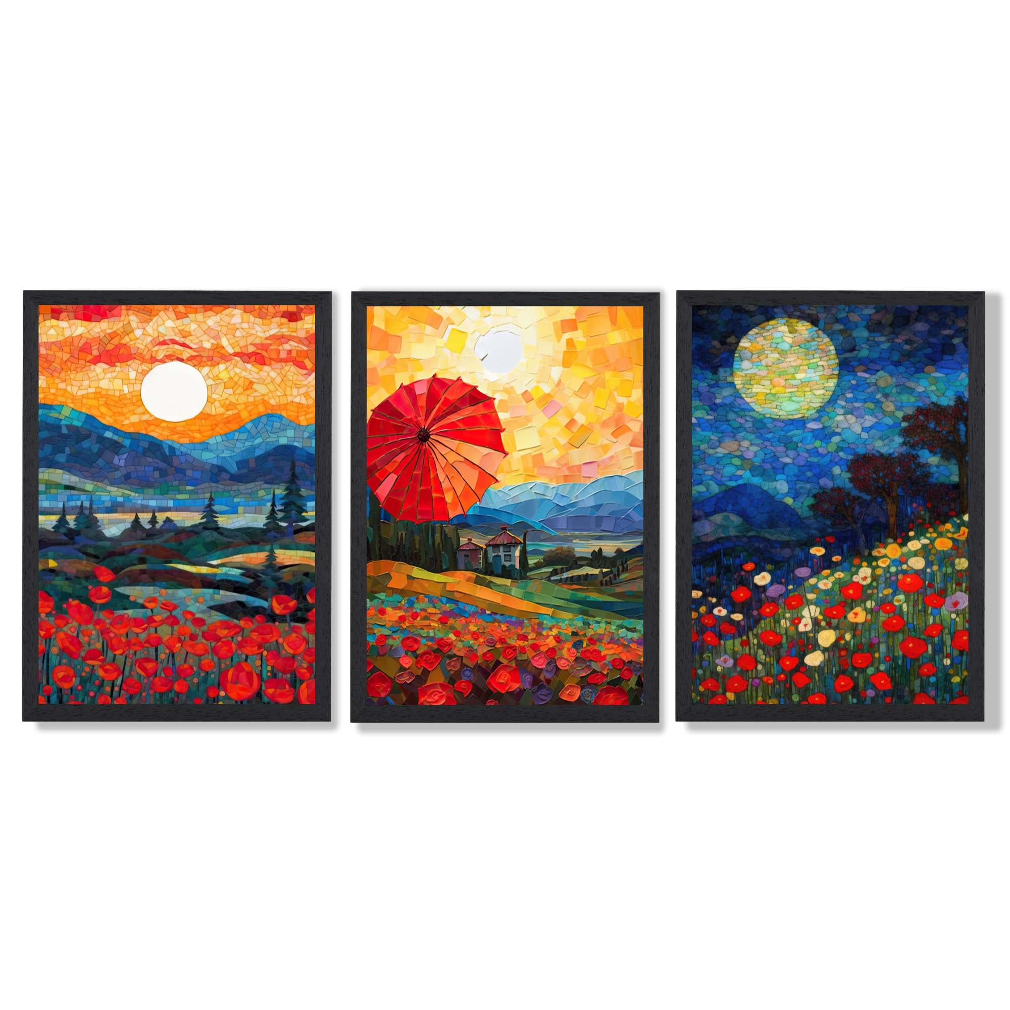 Midnight Landscapes in Mosaic Style Framed Art Prints with Black Wooden Frames