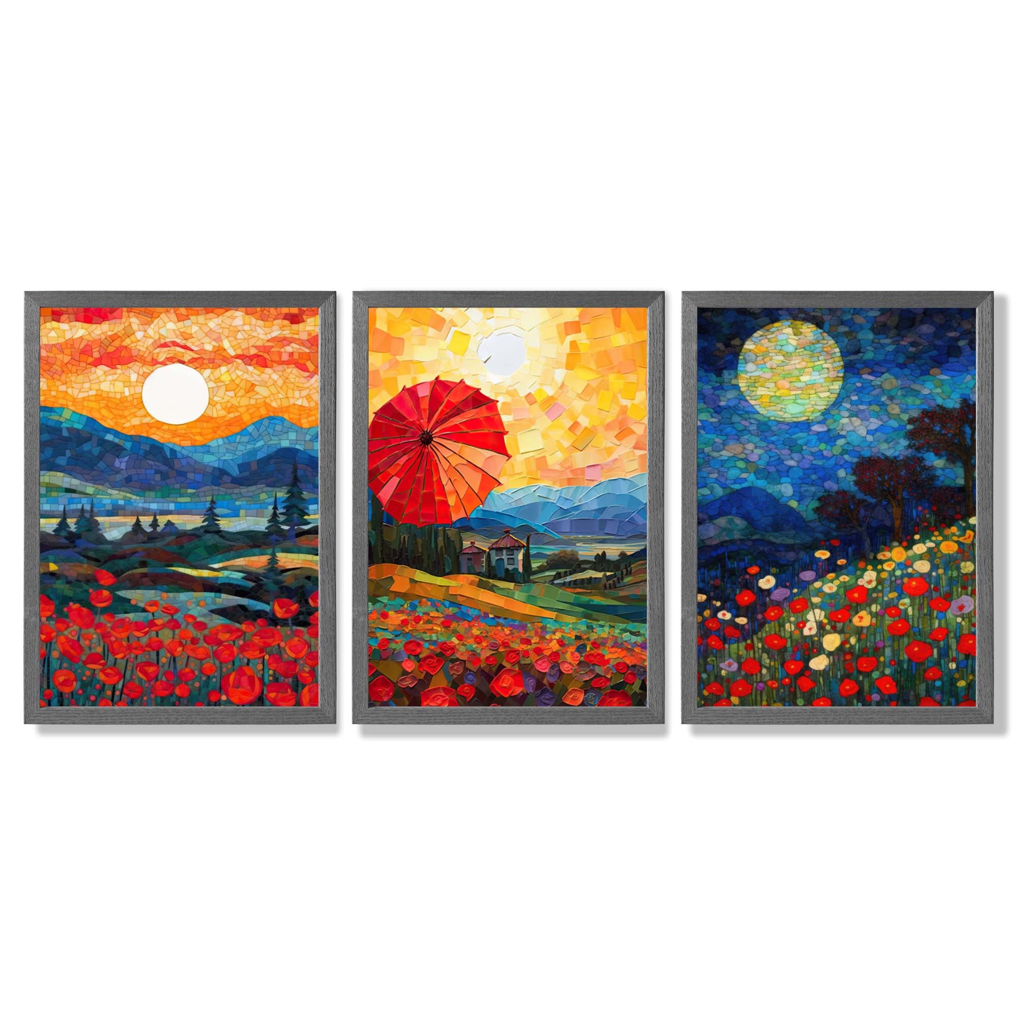 Midnight Landscapes in Mosaic Style Framed Art Prints with Dark Grey Wooden Frames