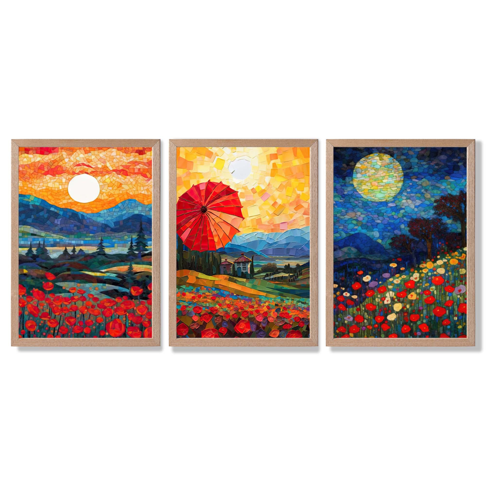 Midnight Landscapes in Mosaic Style Framed Art Prints with Light Oak Frames
