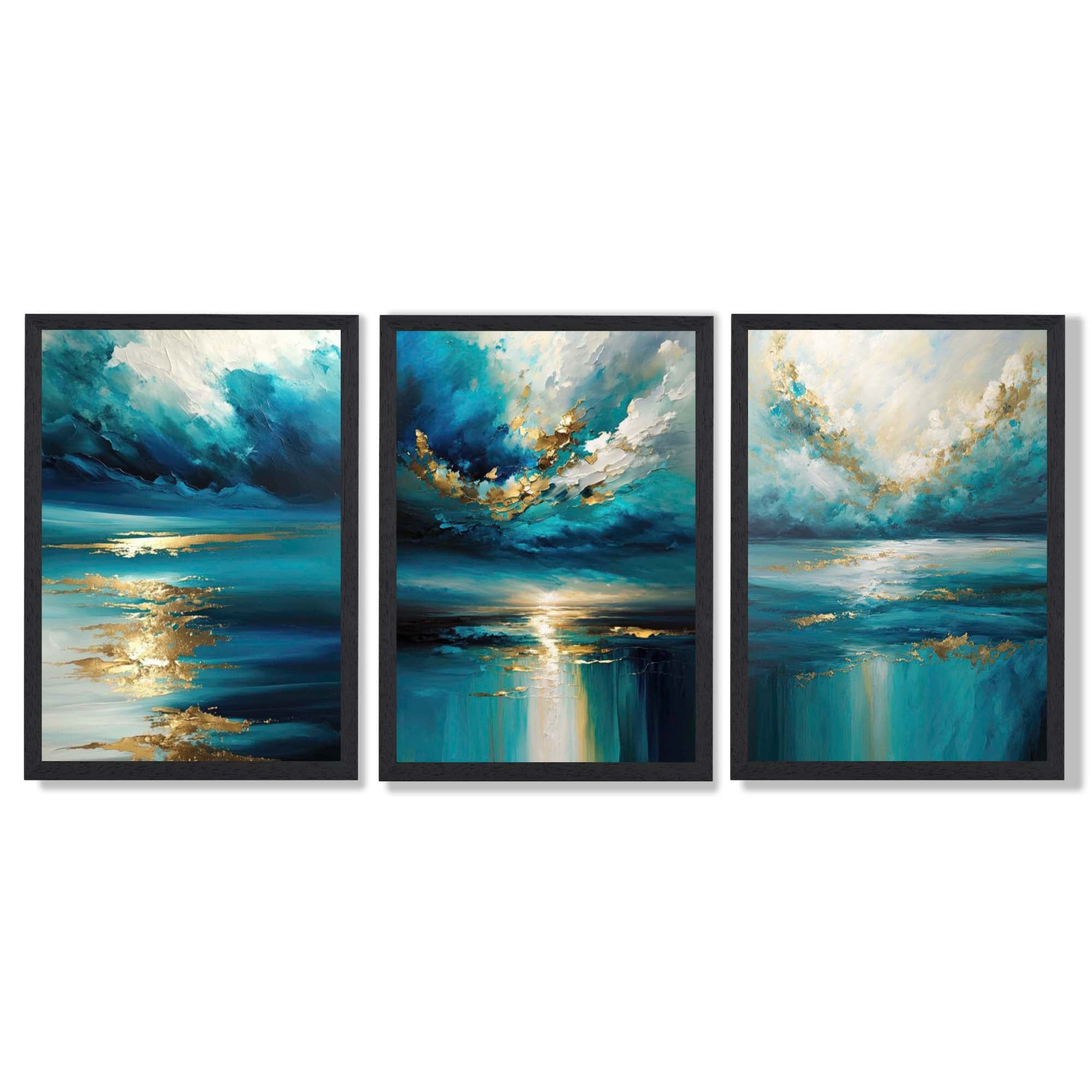 Abstract Seascapes in Blue and Gold Framed Art Prints with Black Wooden Frames