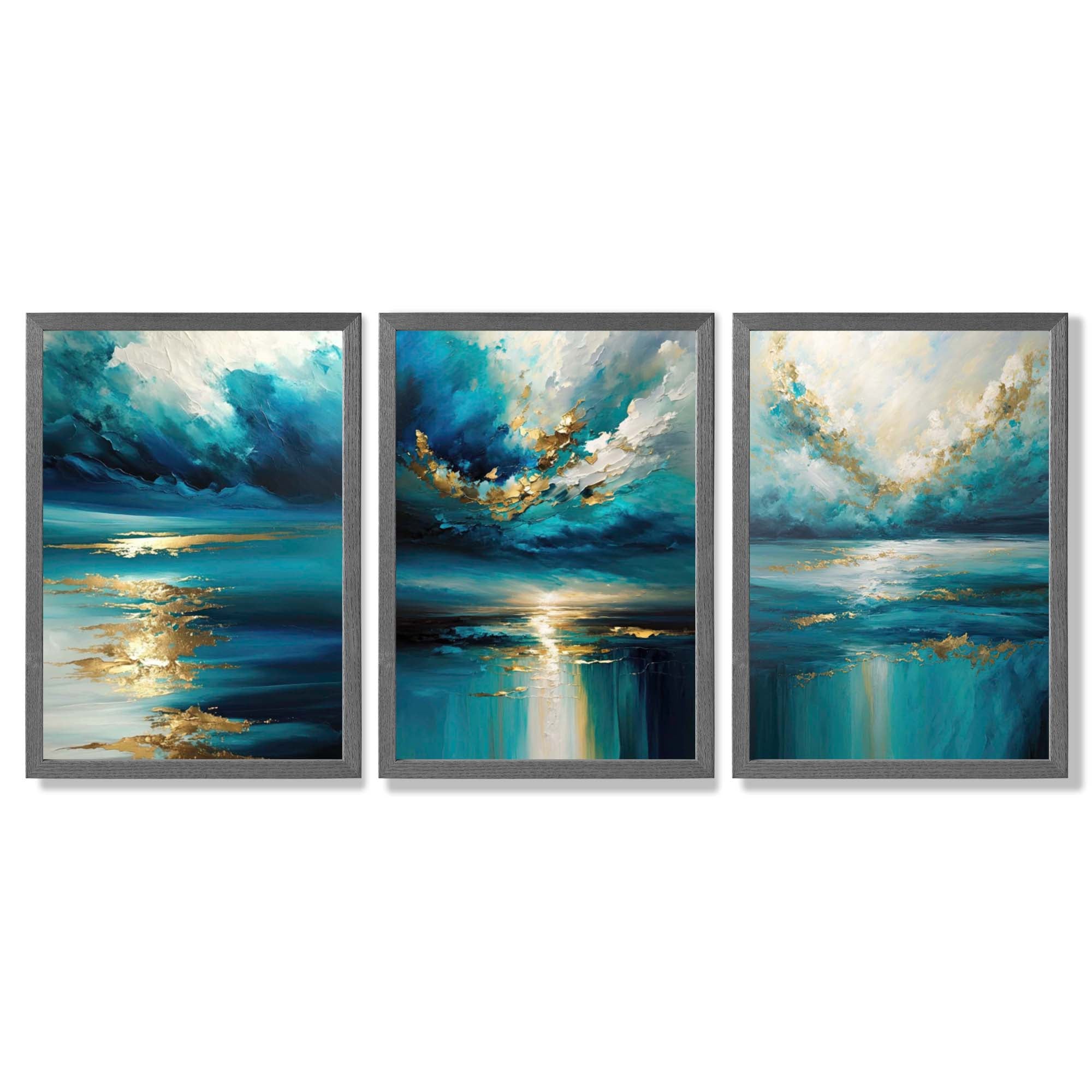 Abstract Seascapes in Blue and Gold Framed Art Prints with Dark Grey Wooden Frames