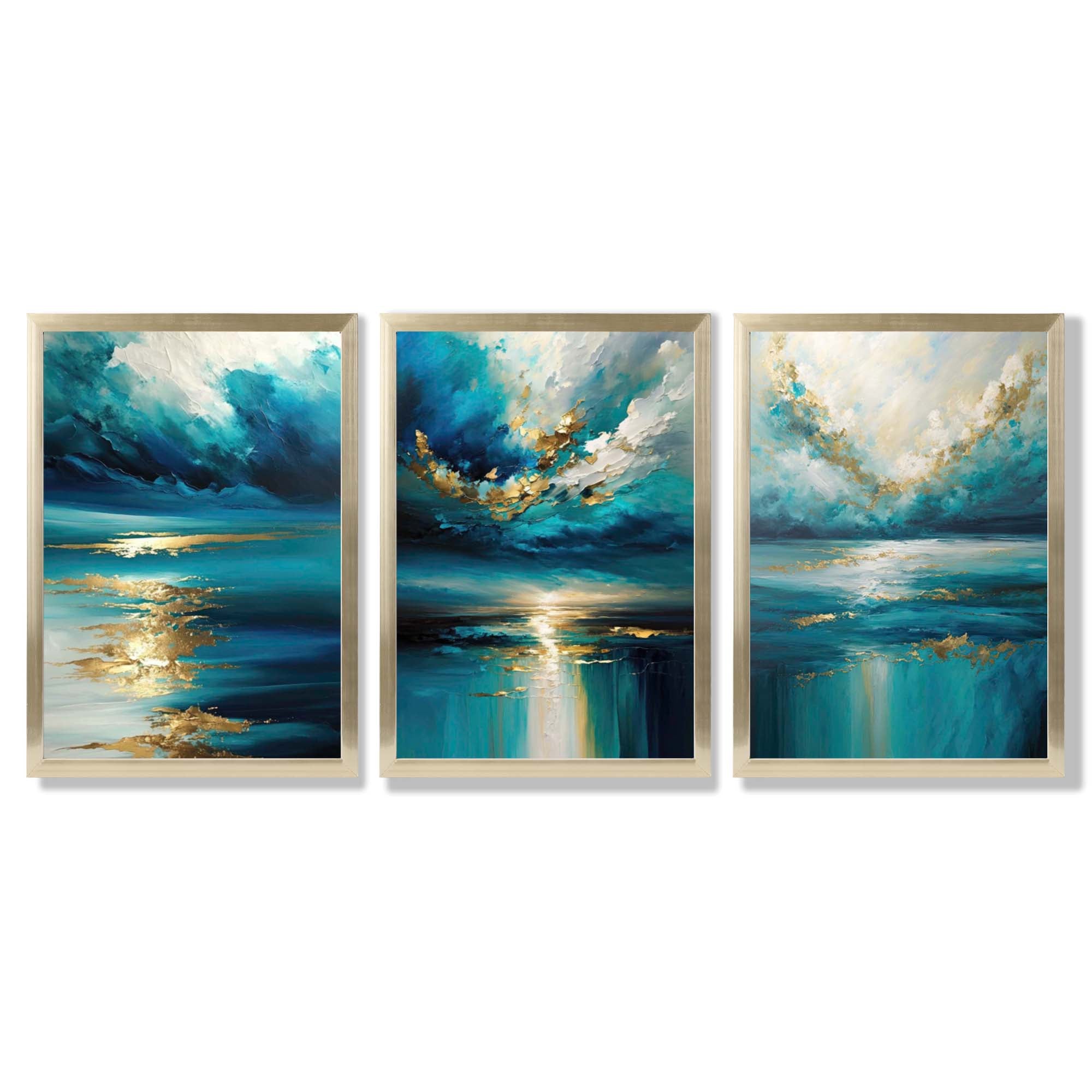 Abstract Seascapes in Blue and Gold Framed Art Prints with Gold Wood Frames
