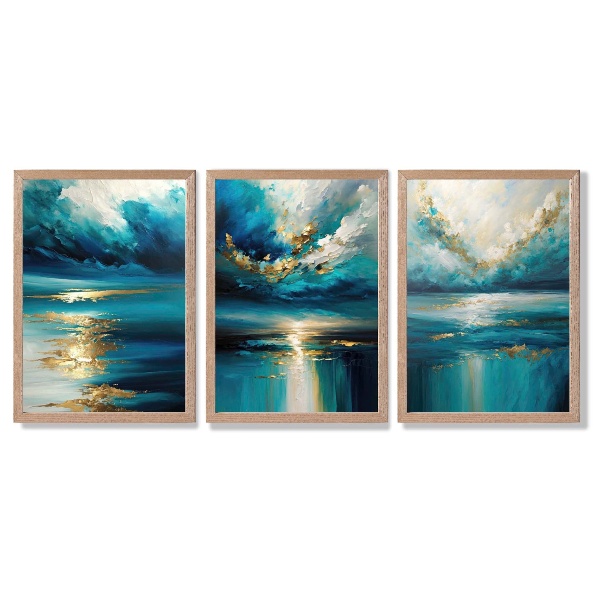 Abstract Seascapes in Blue and Gold Framed Art Prints with Light Oak Frames