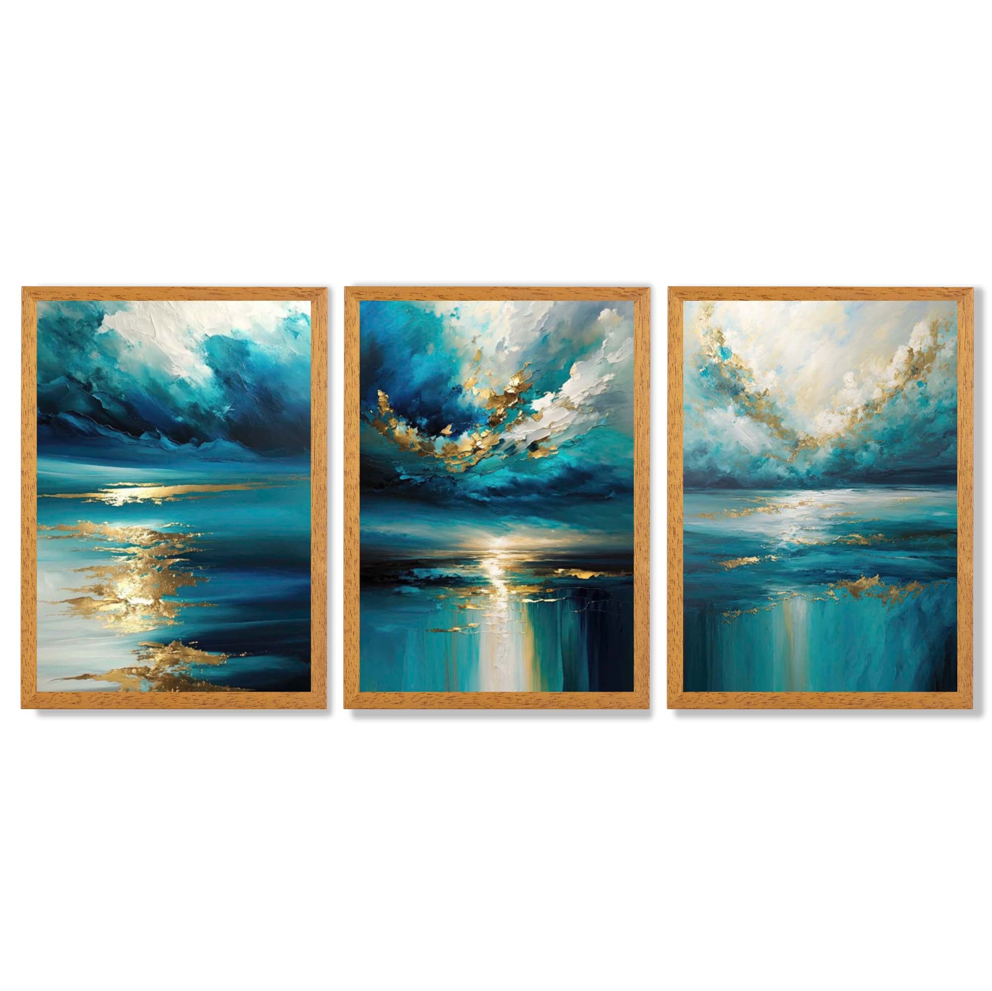 Abstract Seascapes in Blue and Gold Framed Art Prints with Oak Wooden Frames