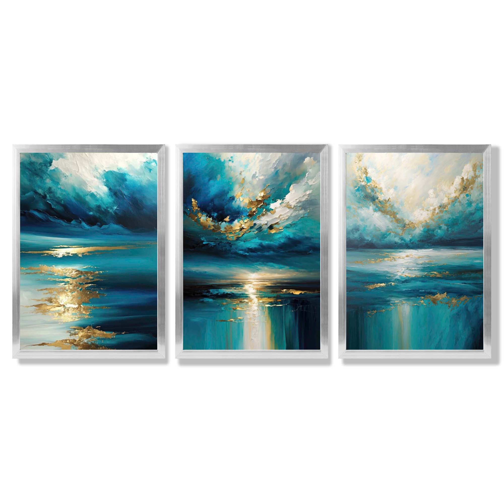 Abstract Seascapes in Blue and Gold Framed Art Prints with Silver Wood Frames