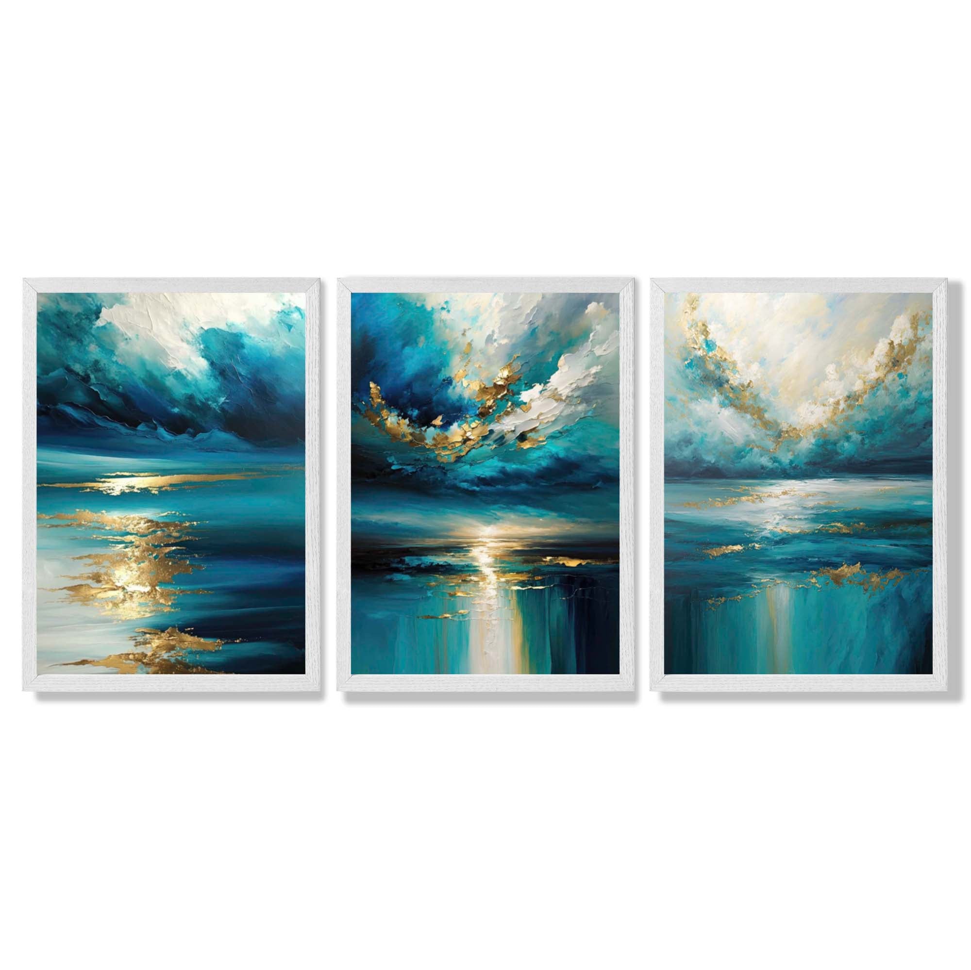 Abstract Seascapes in Blue and Gold Framed Art Prints with White Wooden Frames