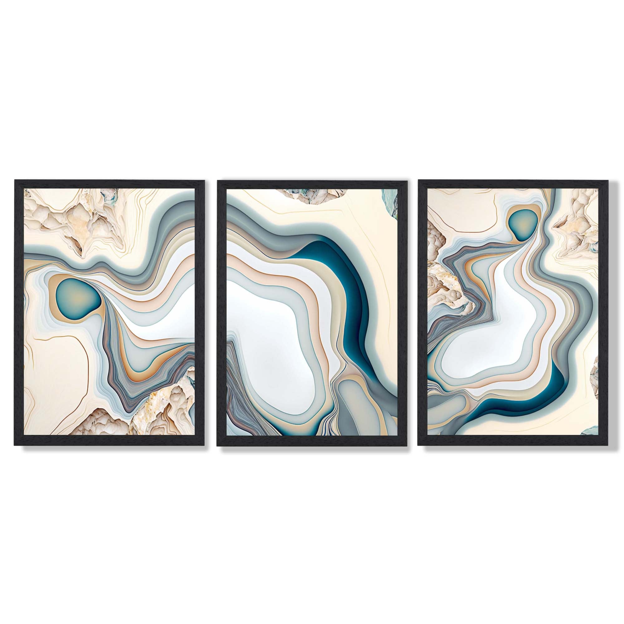 Beige and Blue Agate Abstract Set of 3 Framed Art Prints with Black Wooden Frames