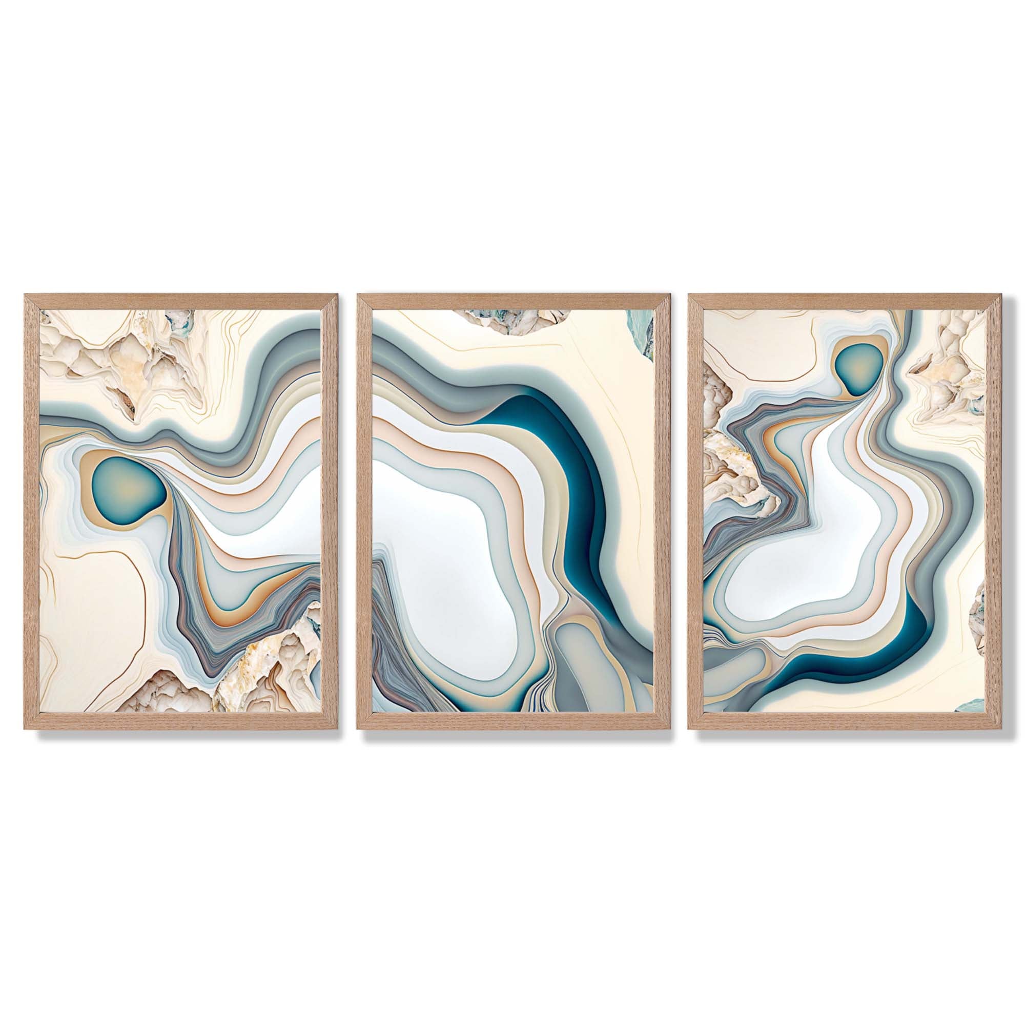 Beige and Blue Agate Abstract Set of 3 Framed Art Prints with Light Oak Frames