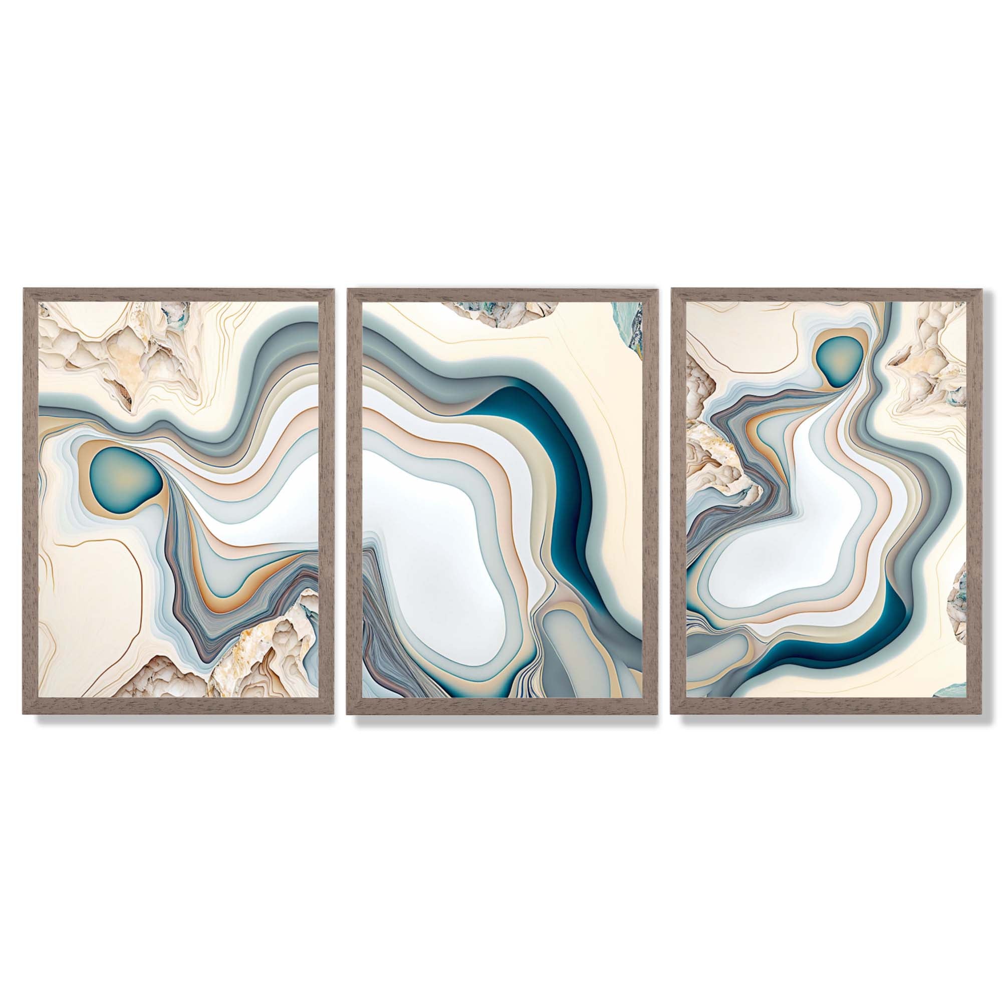 Beige and Blue Agate Abstract Set of 3 Framed Art Prints with Light Walnut Frames