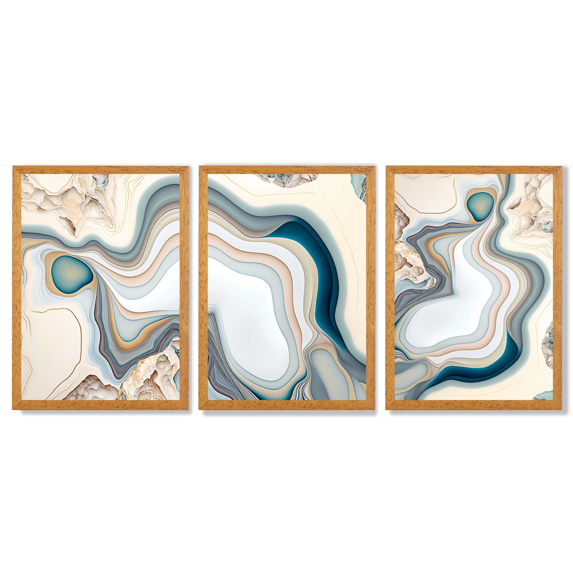 Beige and Blue Agate Abstract Set of 3 Framed Art Prints with Oak Wooden Frames