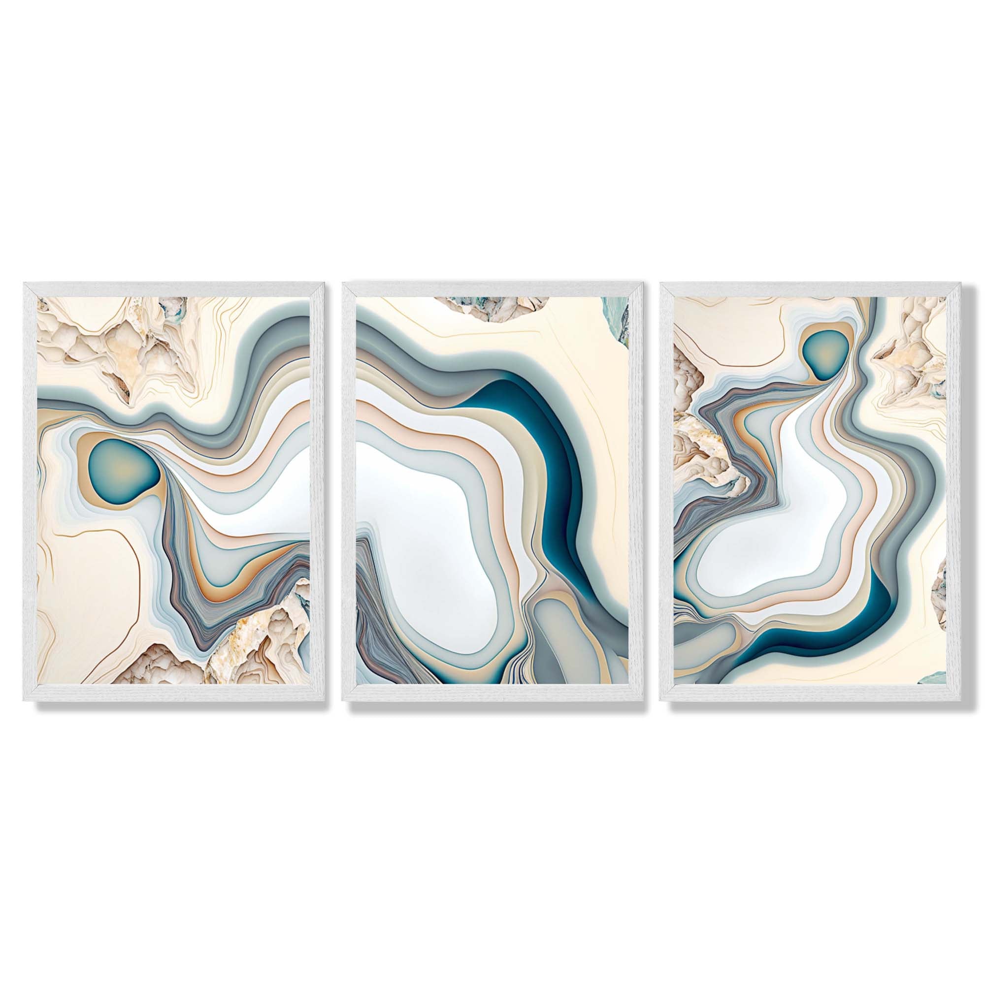 Beige and Blue Agate Abstract Set of 3 Framed Art Prints with White Wooden Frames