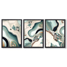 Beige and Green Agate Abstract Set of 3 Framed Art Prints with Black Wooden Frames