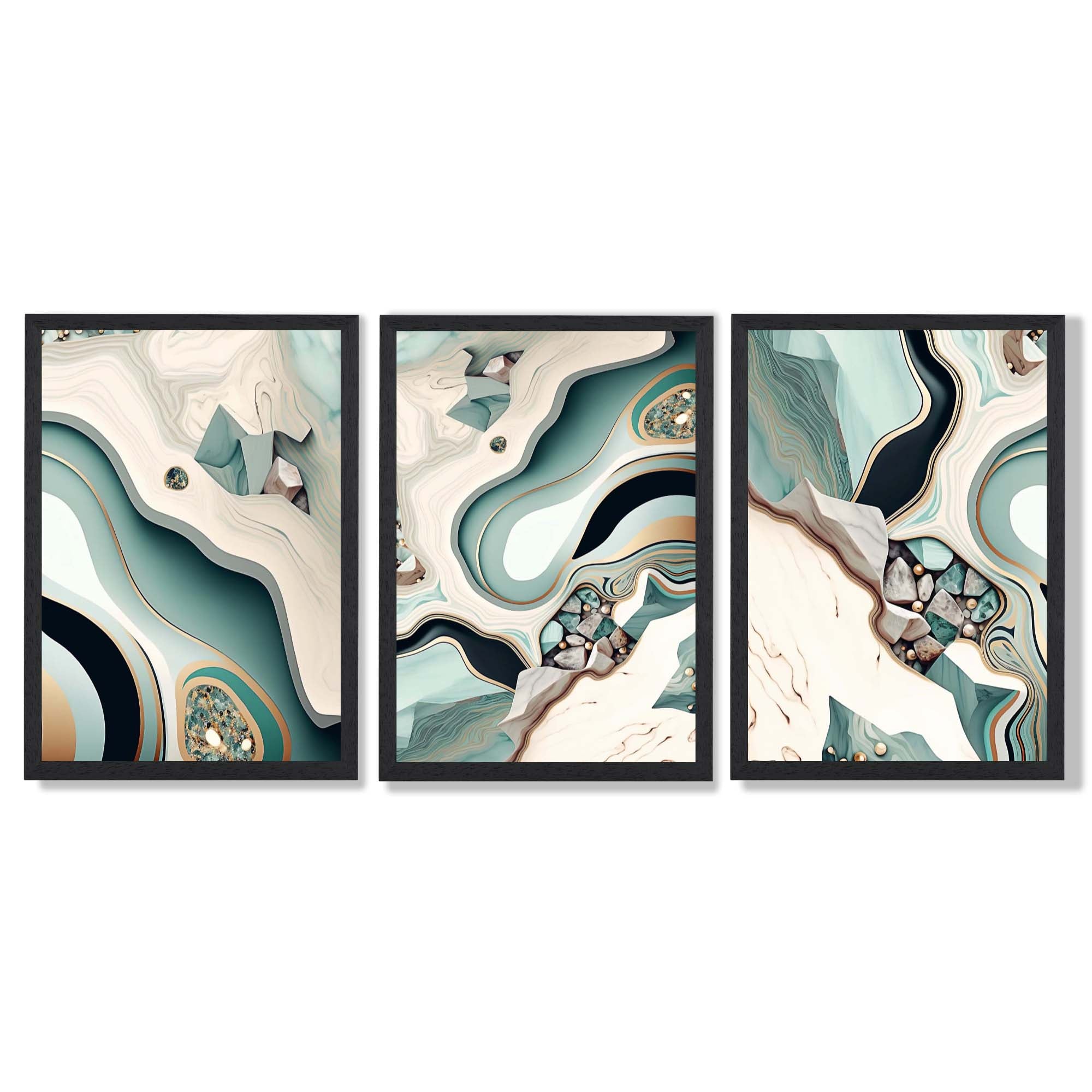 Beige and Green Agate Abstract Set of 3 Framed Art Prints with Black Wooden Frames