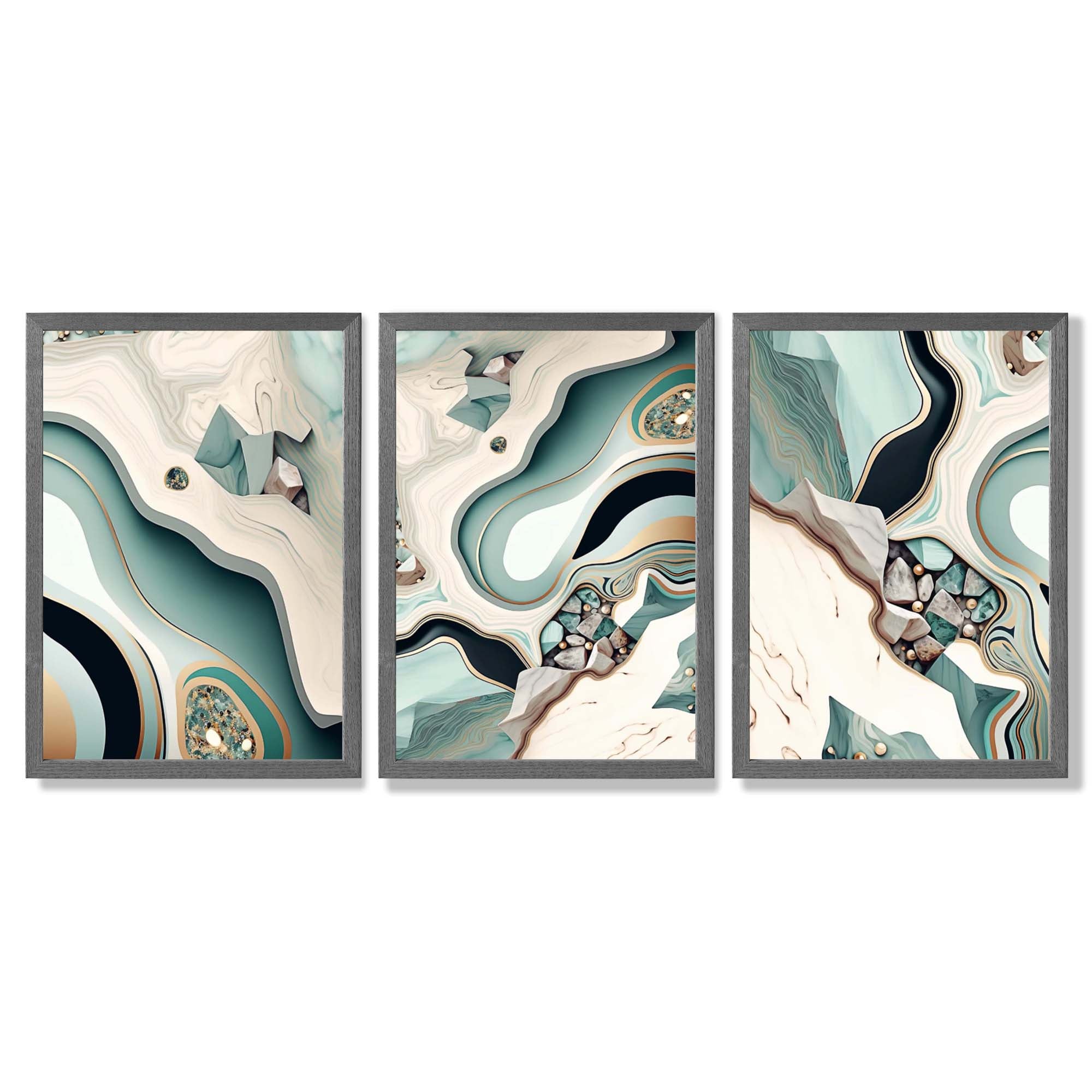 Beige and Green Agate Abstract Set of 3 Framed Art Prints with Dark Grey Wooden Frames