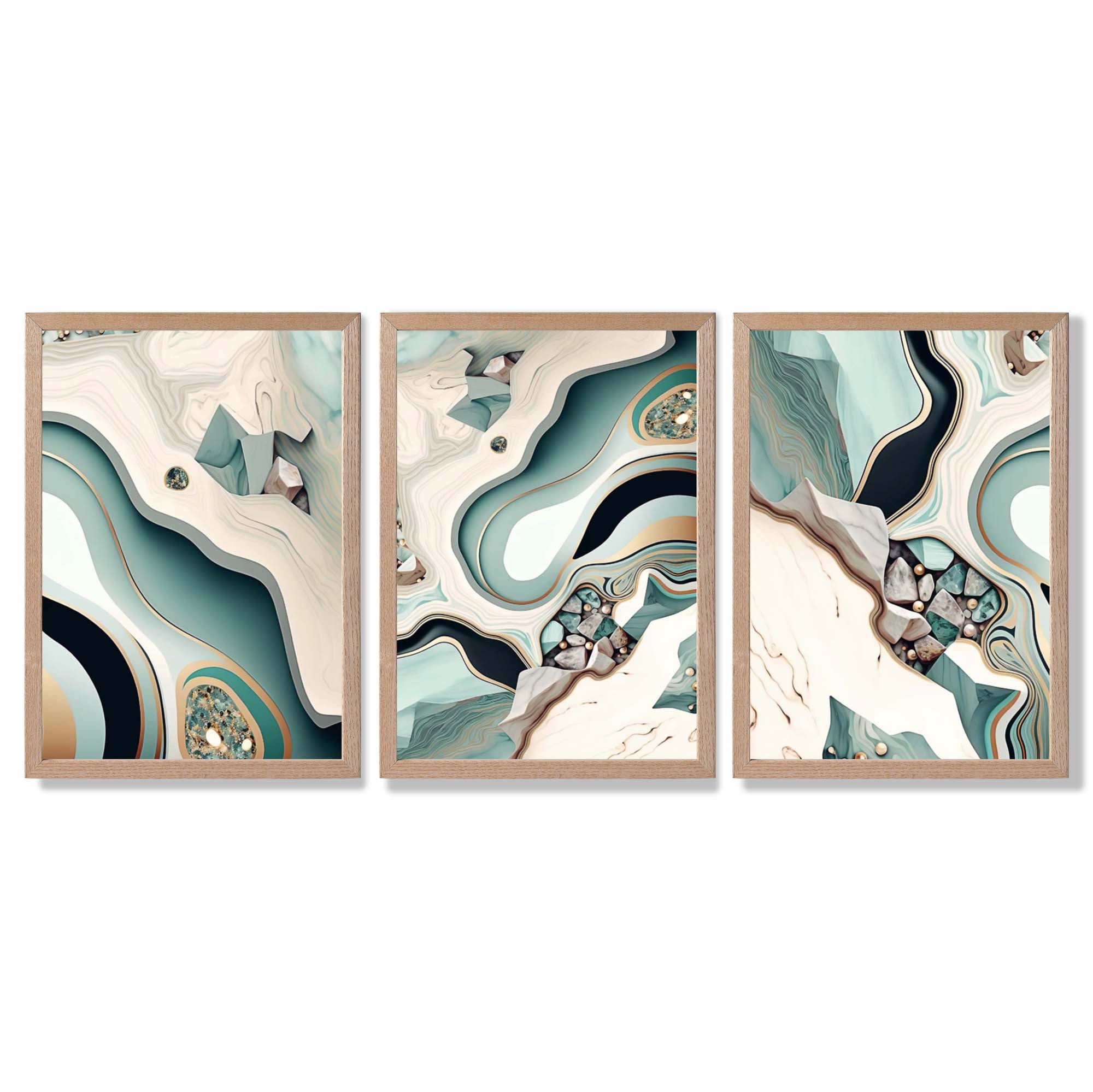 Beige and Green Agate Abstract Set of 3 Framed Art Prints with Light Oak Frames