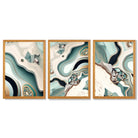 Beige and Green Agate Abstract Set of 3 Framed Art Prints with Oak Wooden Frames