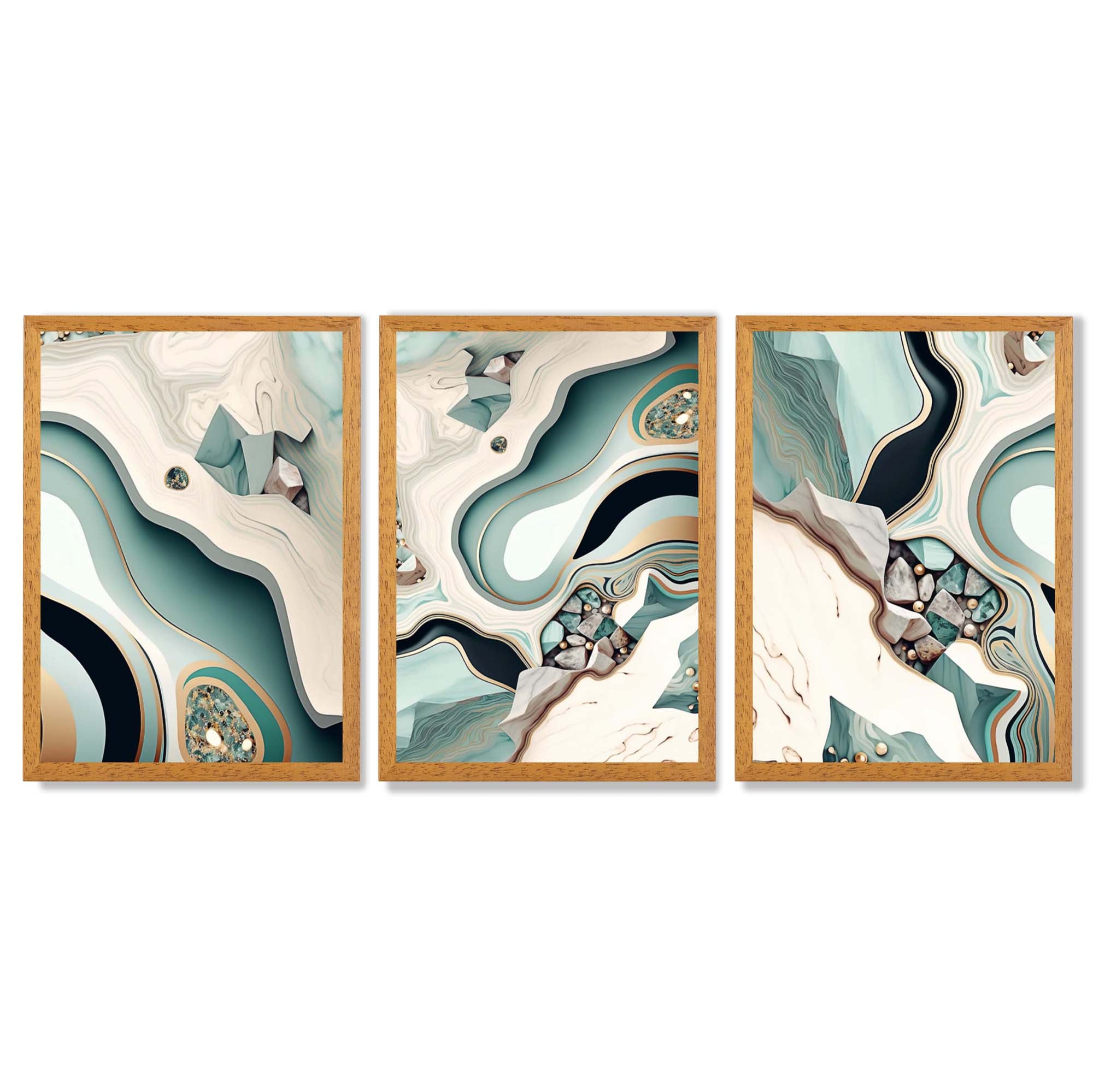 Beige and Green Agate Abstract Set of 3 Framed Art Prints with Oak Wooden Frames