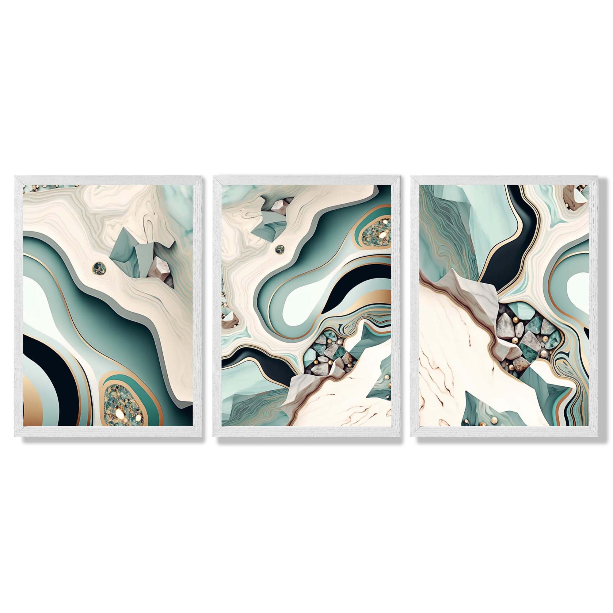 Beige and Green Agate Abstract Set of 3 Framed Art Prints with White Wooden Frames