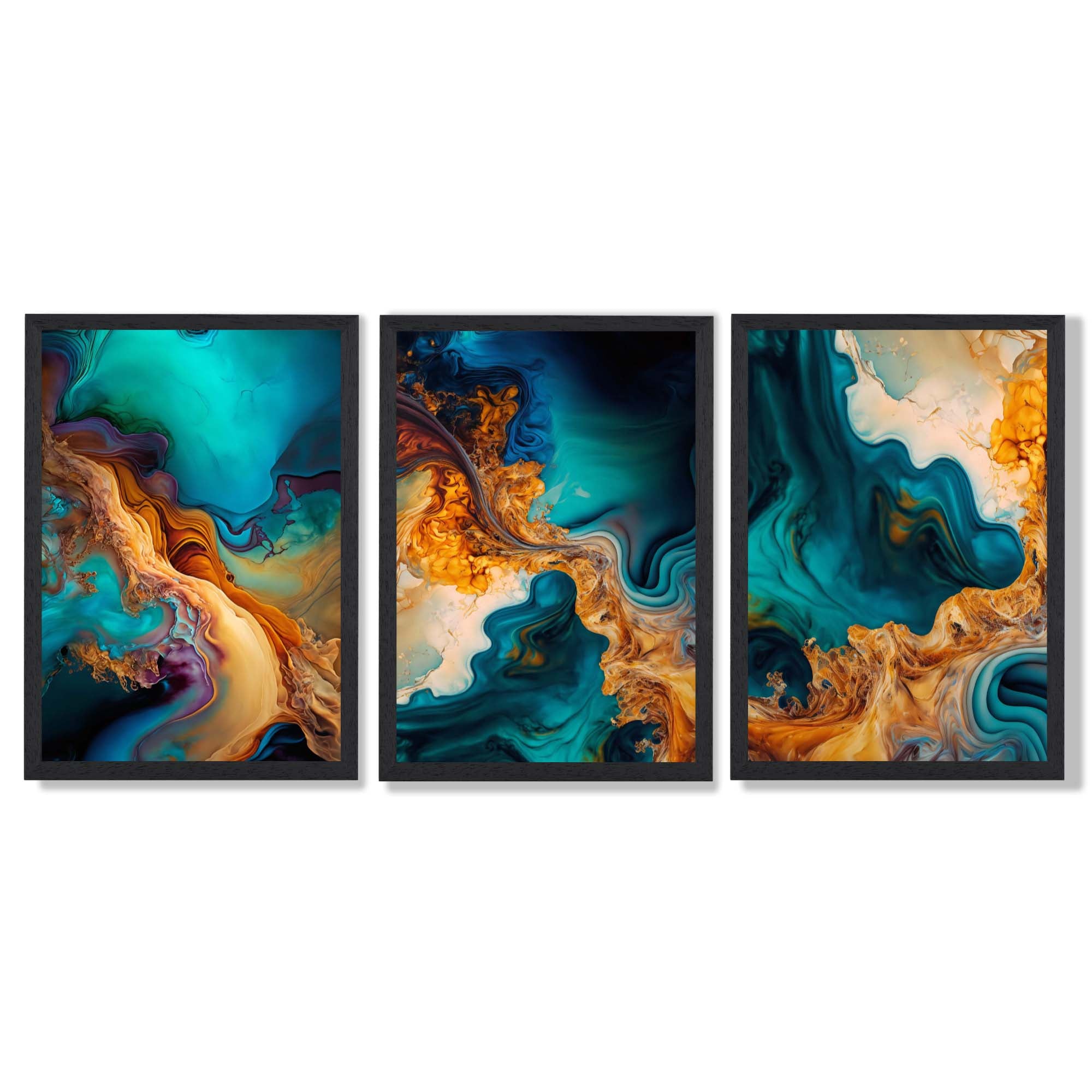 Orange and Blue Abstract Fluid Art Framed Art Prints with Black Wooden Frames
