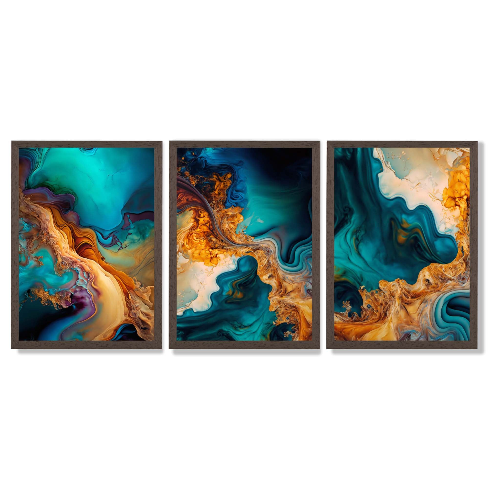 Orange and Blue Abstract Fluid Art Framed Art Prints with Dark Wood Frames