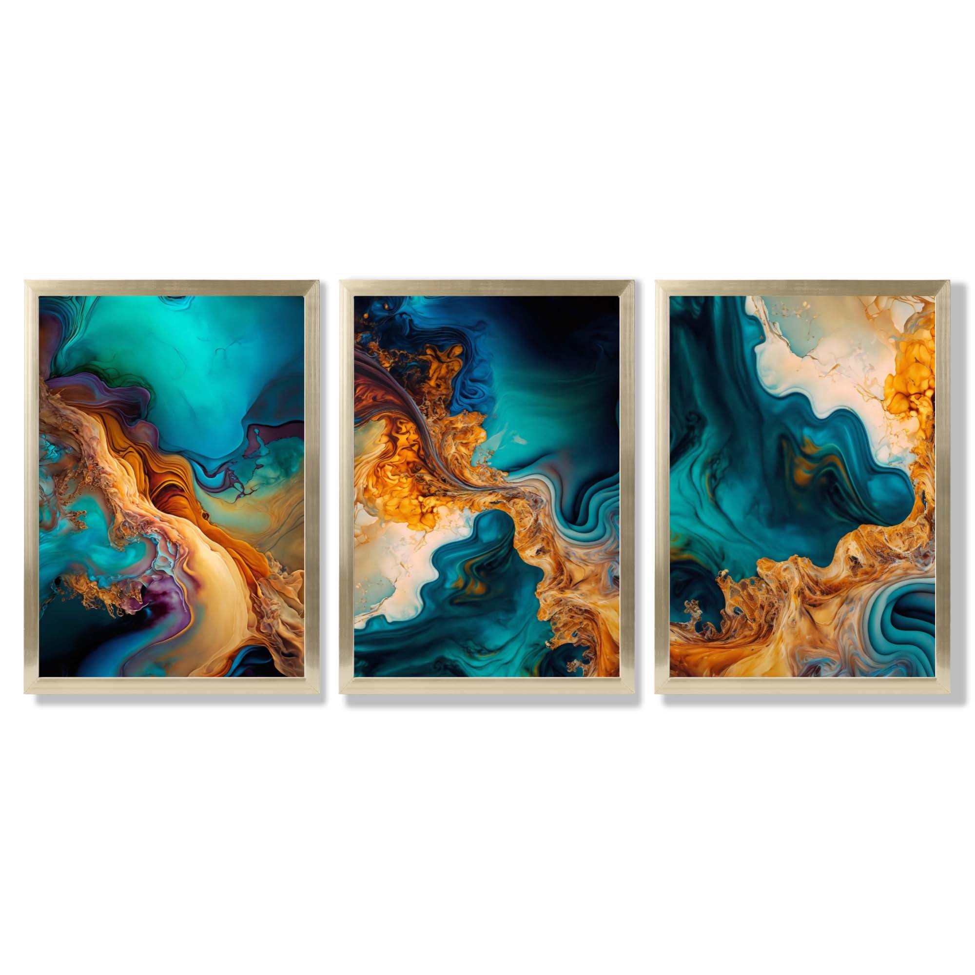 Orange and Blue Abstract Fluid Art Framed Art Prints with Gold Wood Frames