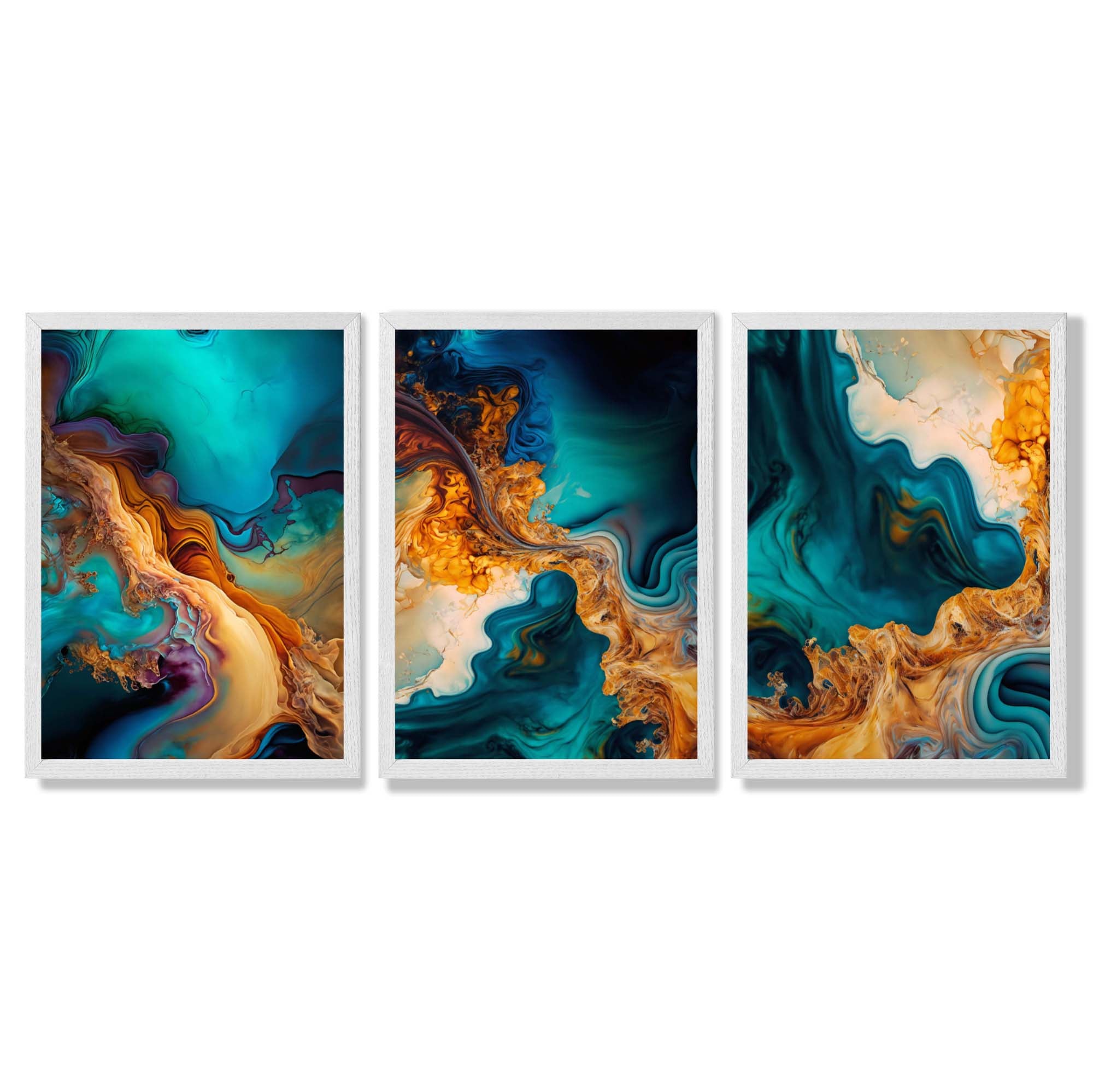 Orange and Blue Abstract Fluid Art Framed Art Prints with White Wooden Frames