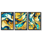 Abstract Yellow and Blue Fluid Shapes Set of 3 Framed Art Prints with Black Wooden Frames