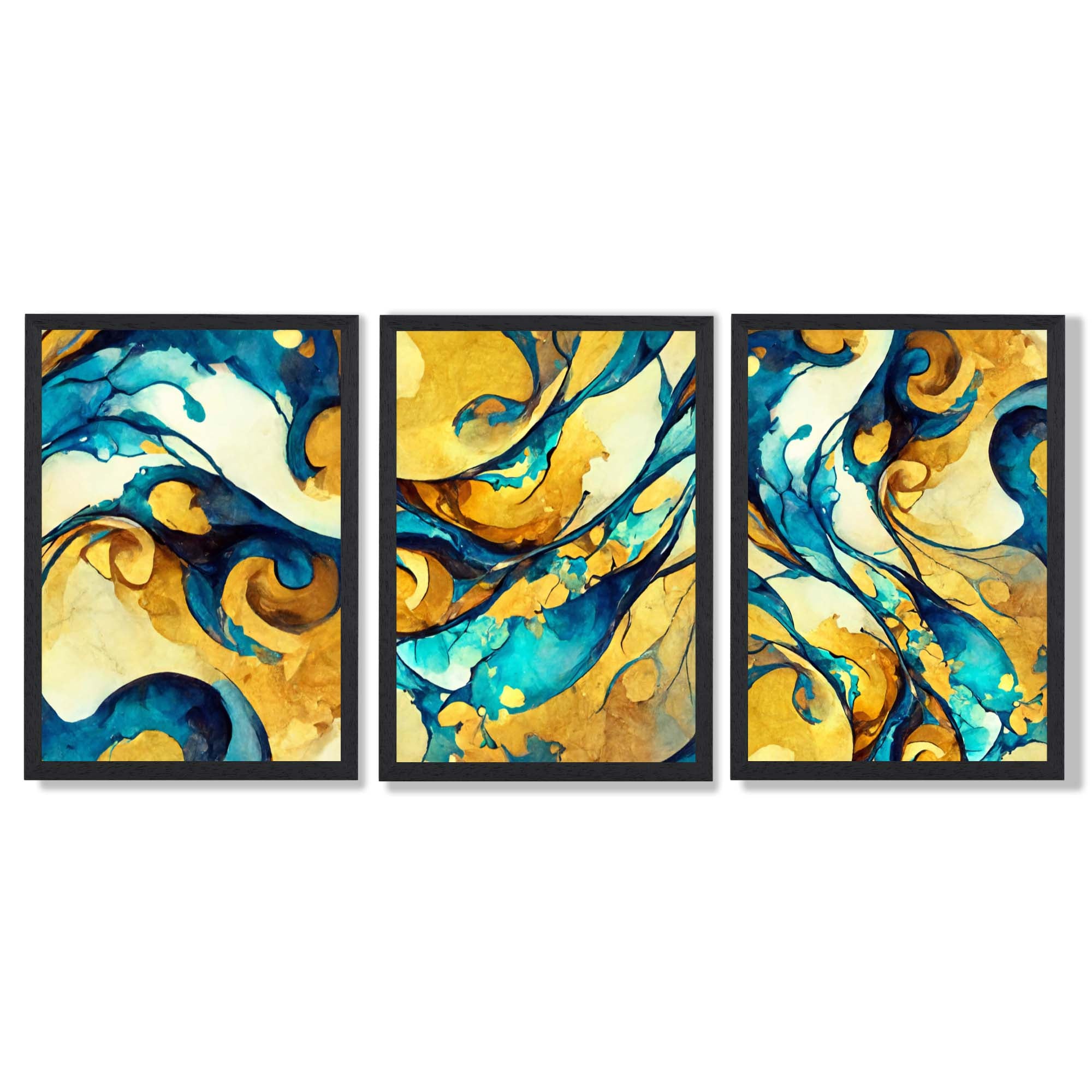 Abstract Yellow and Blue Fluid Shapes Set of 3 Framed Art Prints with Black Wooden Frames