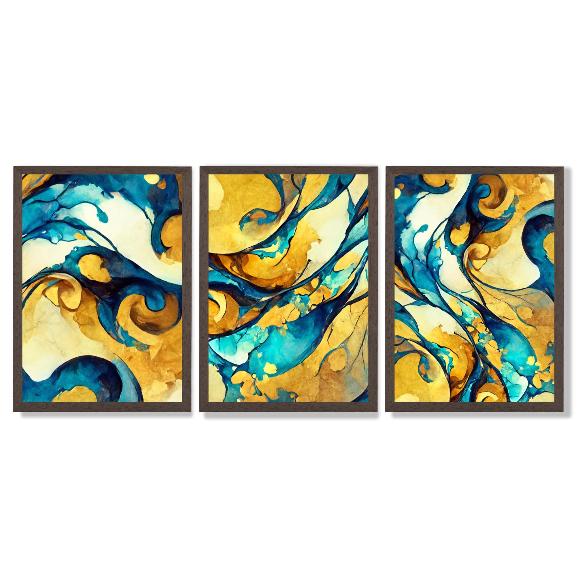 Abstract Yellow and Blue Fluid Shapes Set of 3 Framed Art Prints with Dark Wood Frames