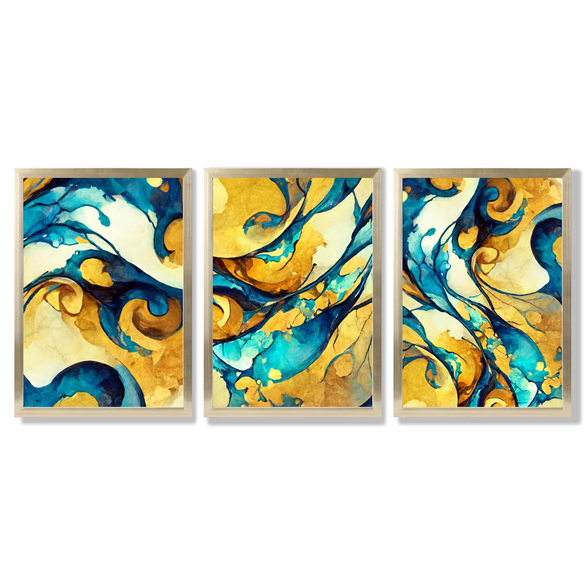 Abstract Yellow and Blue Fluid Shapes Set of 3 Framed Art Prints with Gold Wood Frames