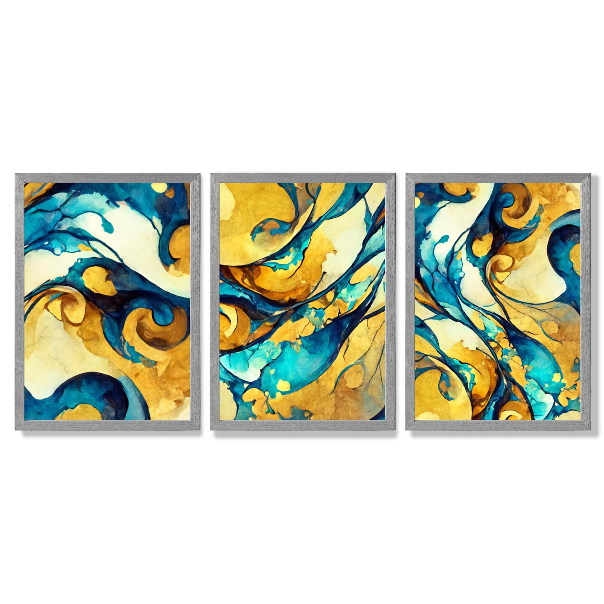 Abstract Yellow and Blue Fluid Shapes Set of 3 Framed Art Prints with Light Grey Wooden Frames