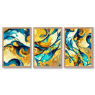 Abstract Yellow and Blue Fluid Shapes Set of 3 Framed Art Prints with Light Oak Frames