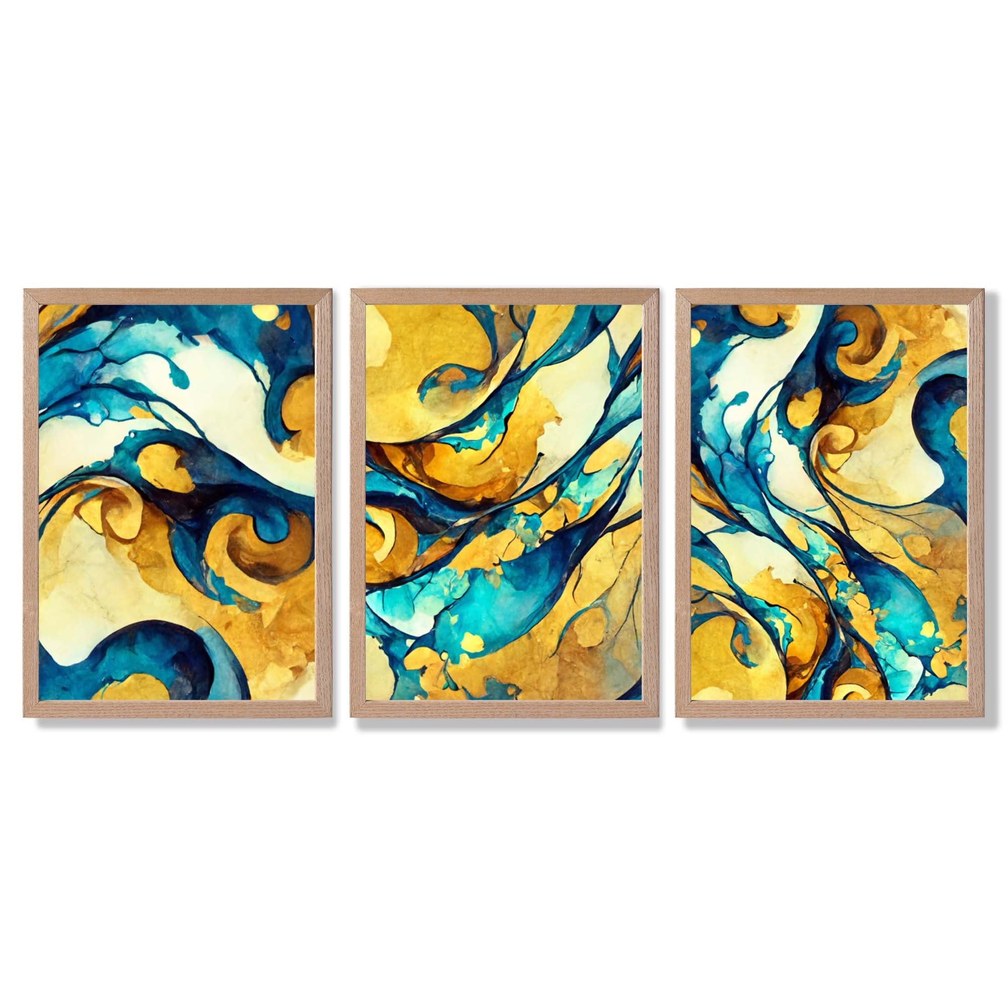 Abstract Yellow and Blue Fluid Shapes Set of 3 Framed Art Prints with Light Oak Frames