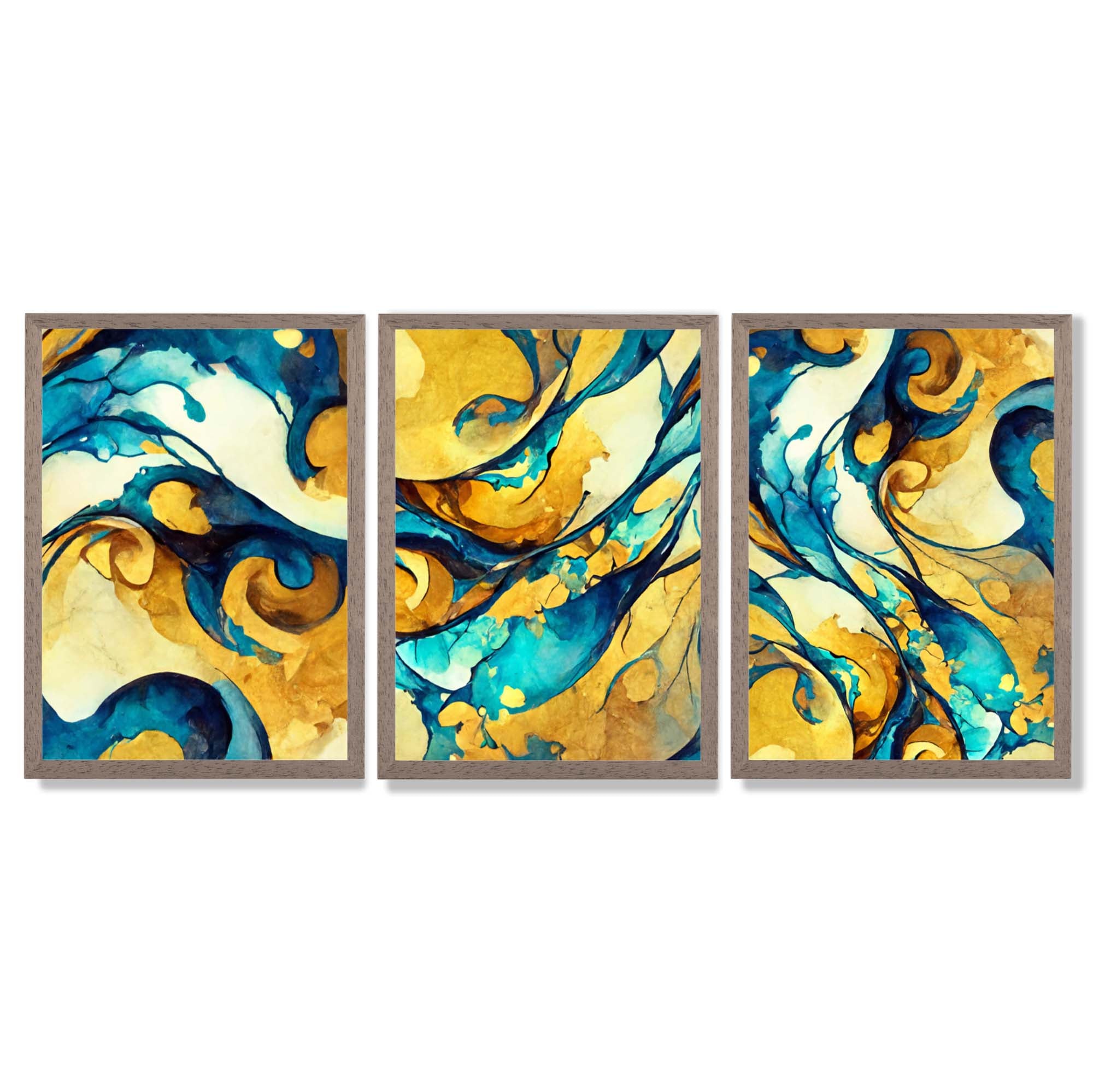 Abstract Yellow and Blue Fluid Shapes Set of 3 Framed Art Prints with Light Walnut Frames