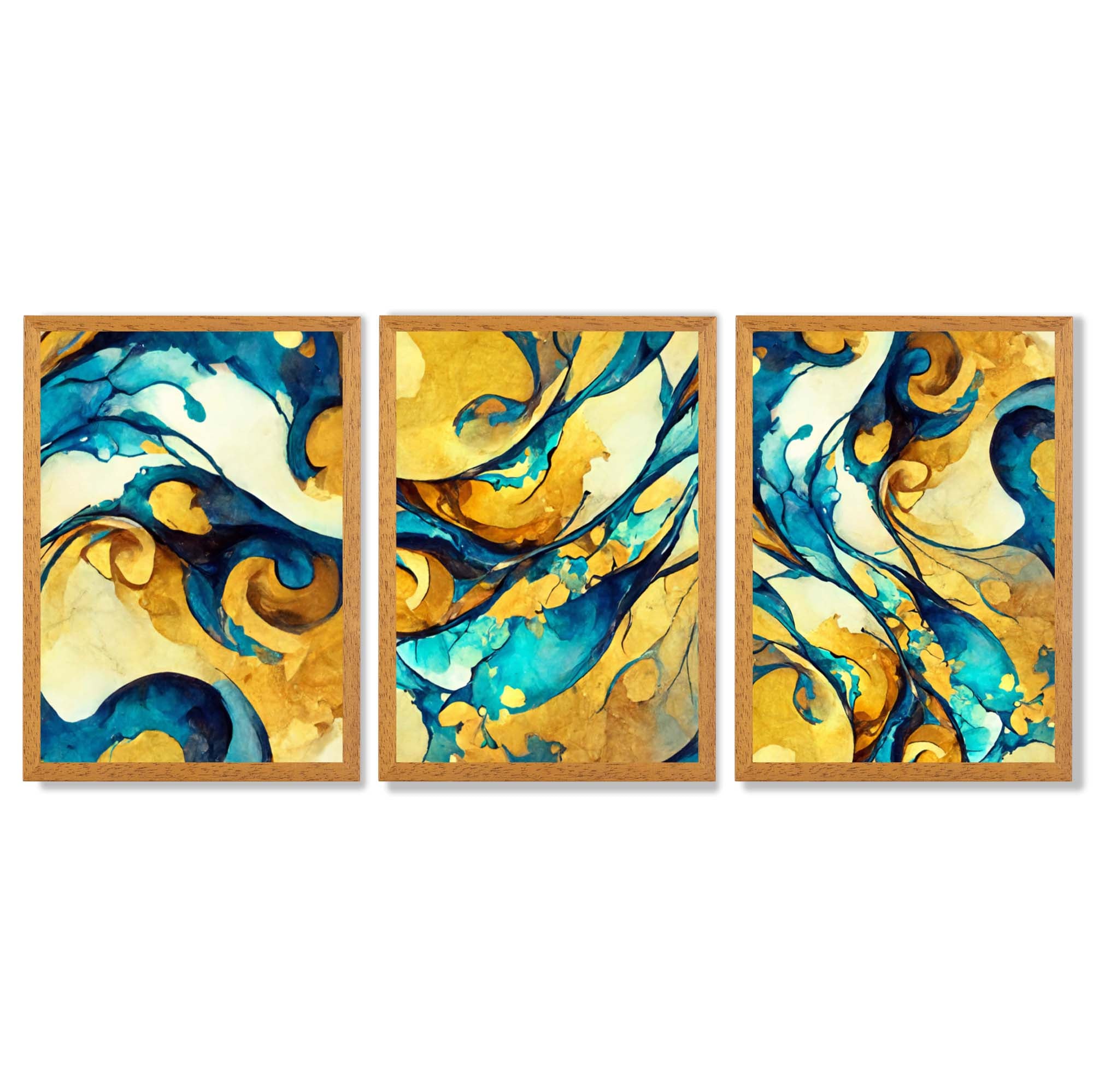 Abstract Yellow and Blue Fluid Shapes Set of 3 Framed Art Prints with Oak Wooden Frames