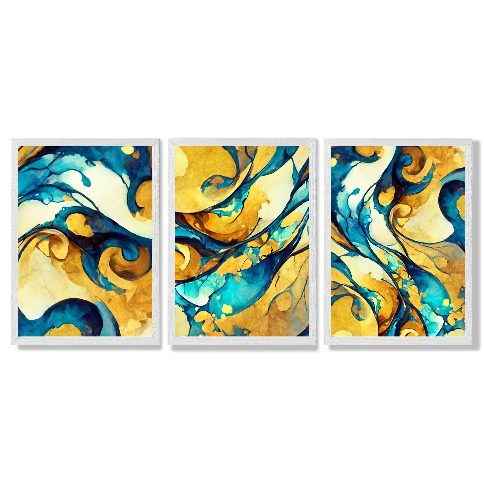 Abstract Yellow and Blue Fluid Shapes Set of 3 Framed Art Prints with White Wooden Frames