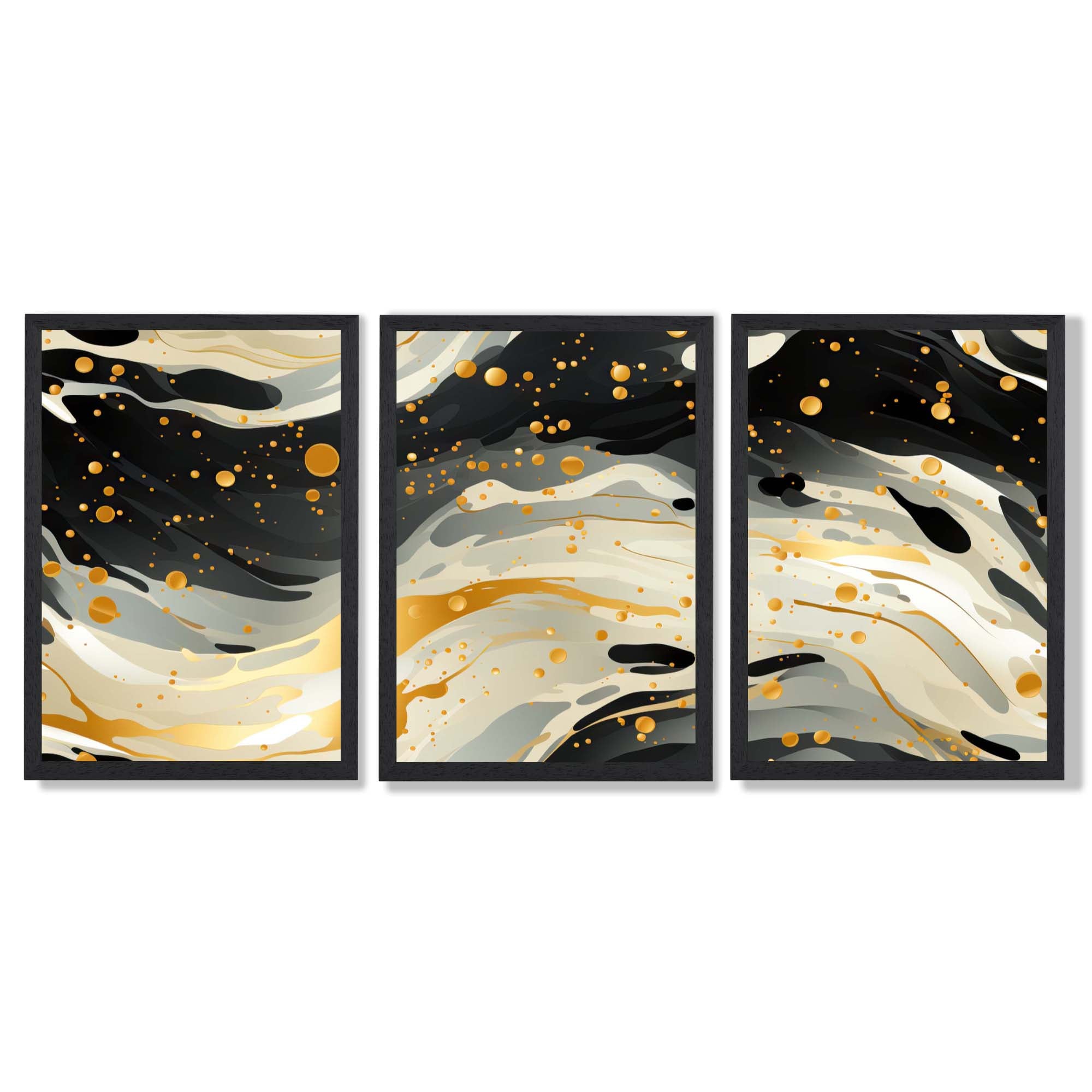Abstract Modern Black and Yellow Set of 3 Framed Art Prints with Black Wooden Frames